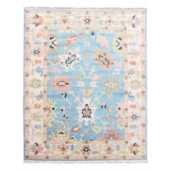 Keivan Woven Arts Hand-Knotted Wool Oushak Rug in Blue Background & Multi Colors