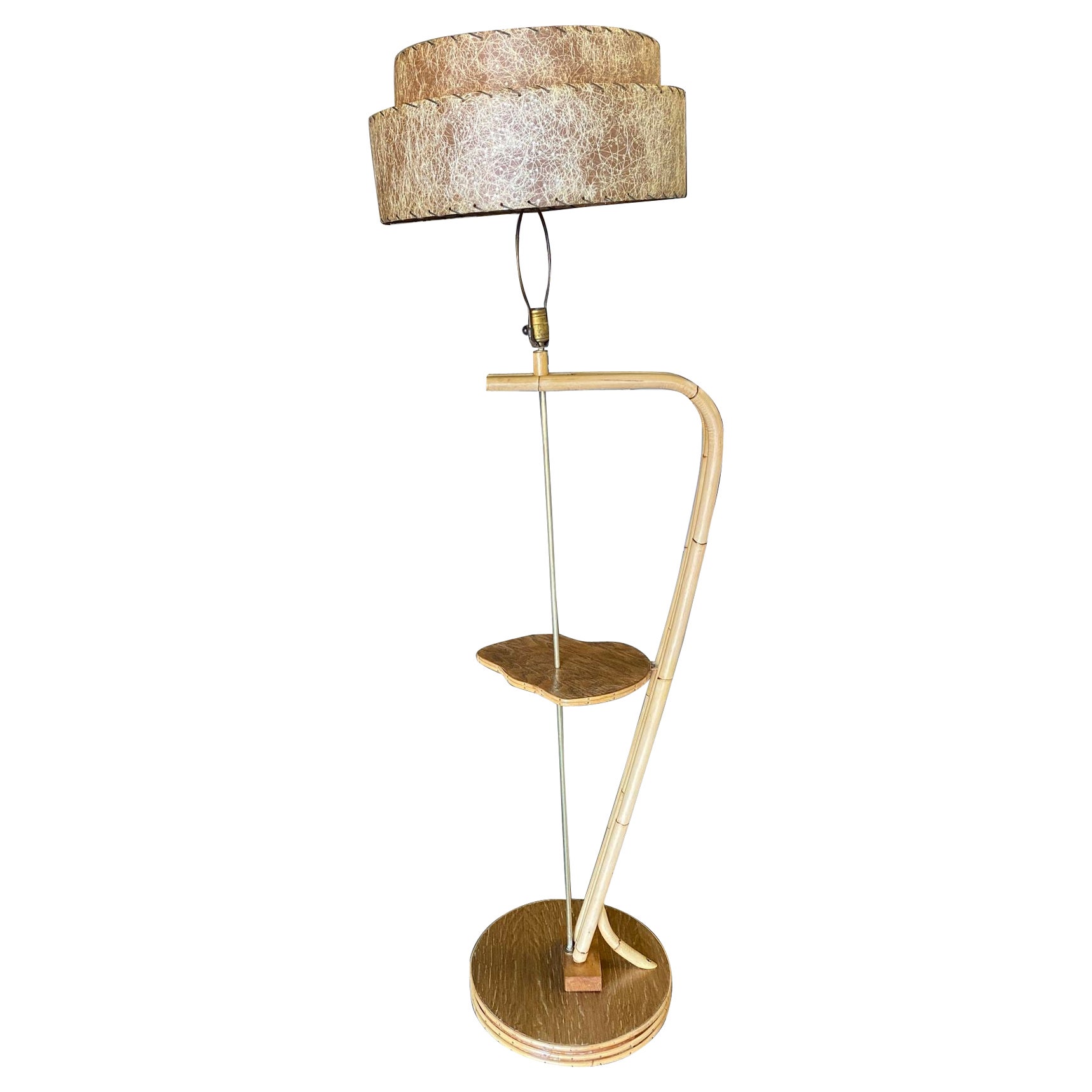 Restored Googie Asymmetric Pole Floor Lamp w/ Side Table & Fiberglass Shade For Sale