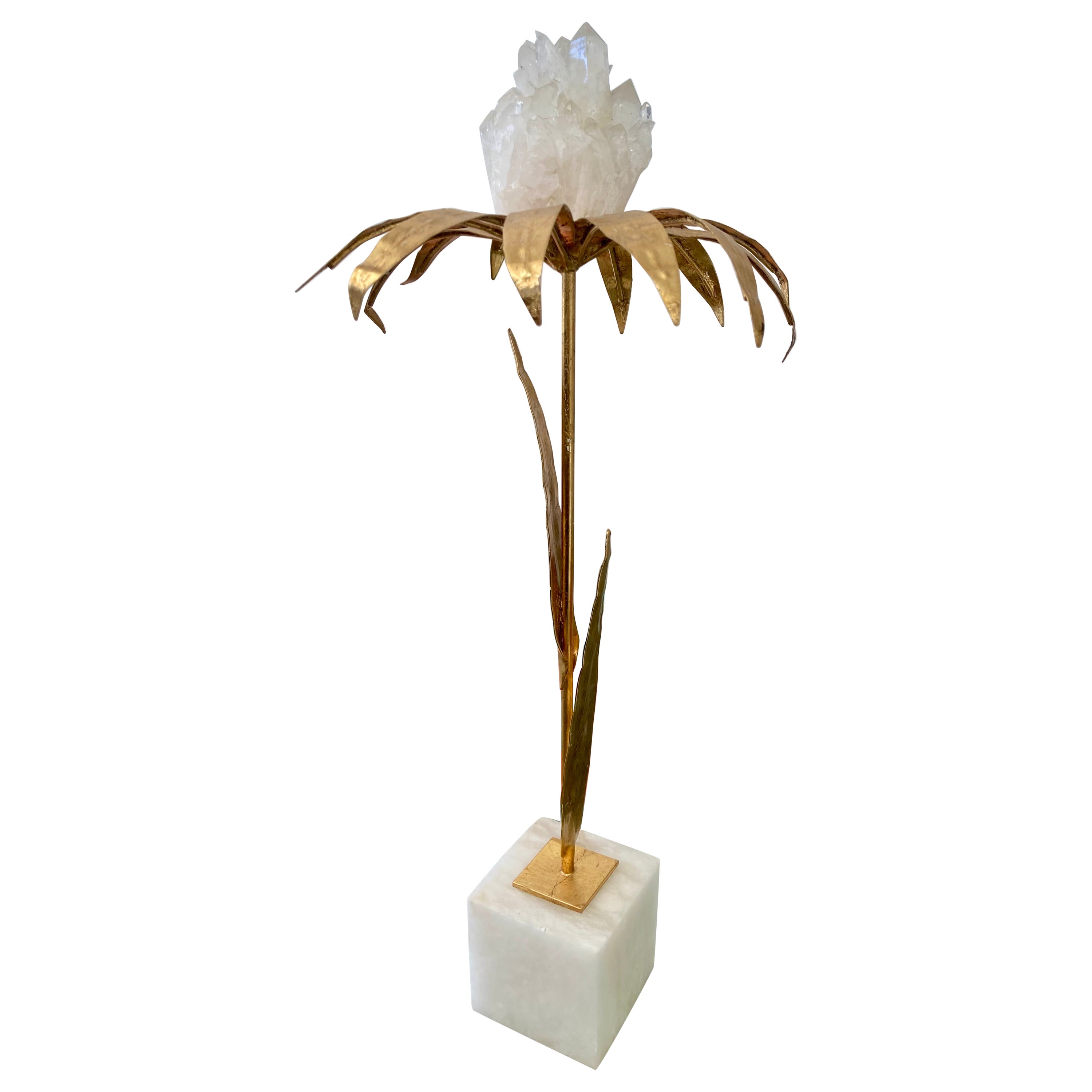 French Gilt Palm Tree With Rock Crystal and Marble Base - Tall For Sale