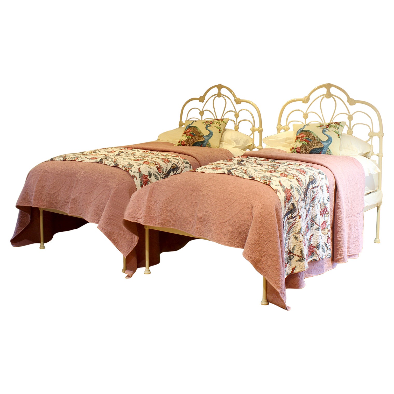 Matching Pair of Large Single Antique Beds in Cream MP60 For Sale