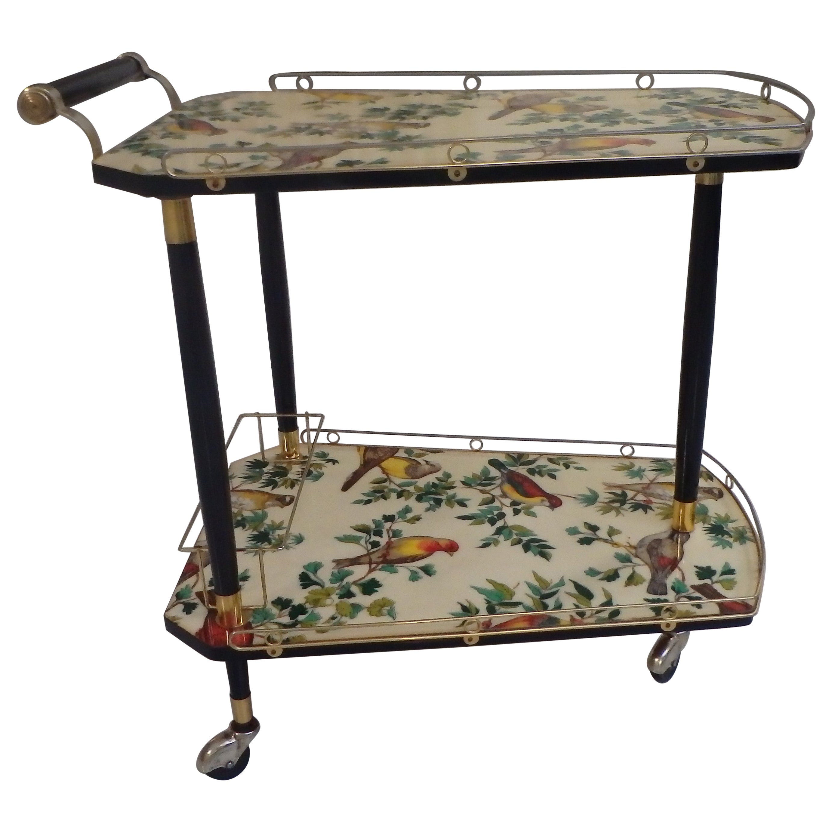 1950thies bar cart on 3 wheels with beautiful birds on the shelf's  For Sale