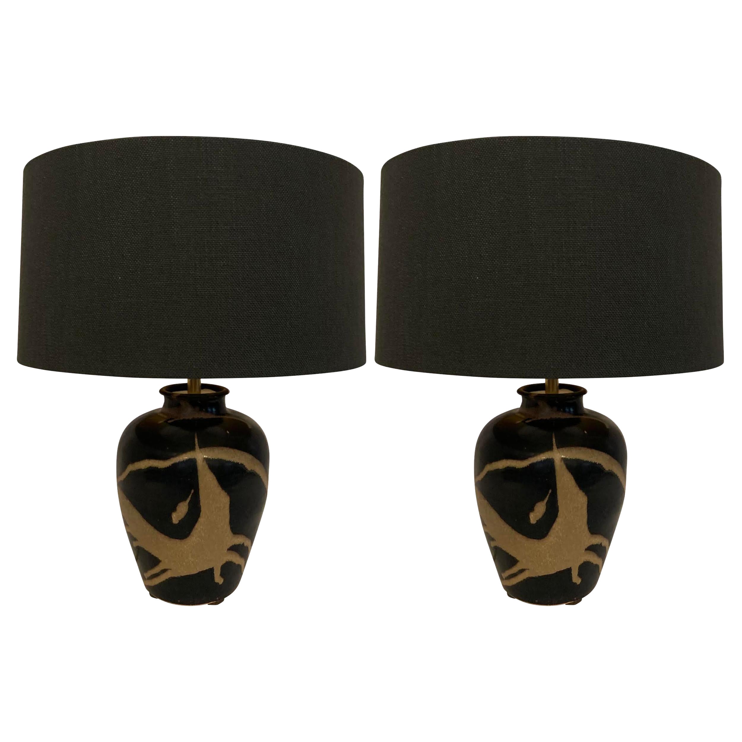 Black With Sand Abstract Pattern Pair Table Lamps, China, Contemporary