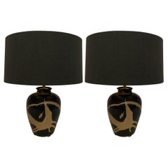Black With Sand Abstract Pattern Pair Table Lamps, China, Contemporary