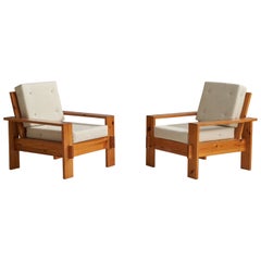 Finnische Designerin, Loungesessel, Kiefernholz, Stoff, Finnland, 1970er Jahre