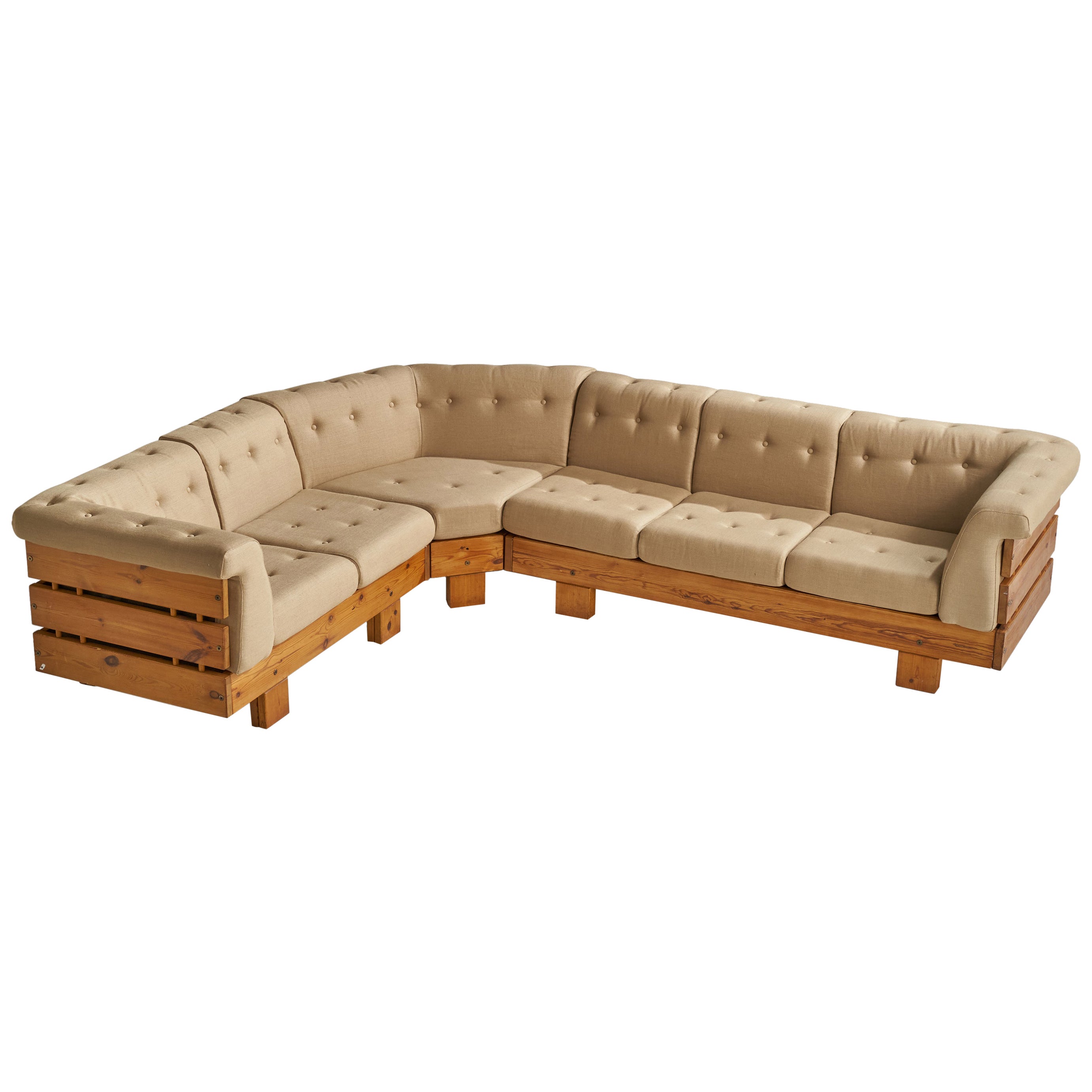 Sven Larsson, Large Sectional Sofa, Pine, Fabric, Sweden, 1970s For Sale
