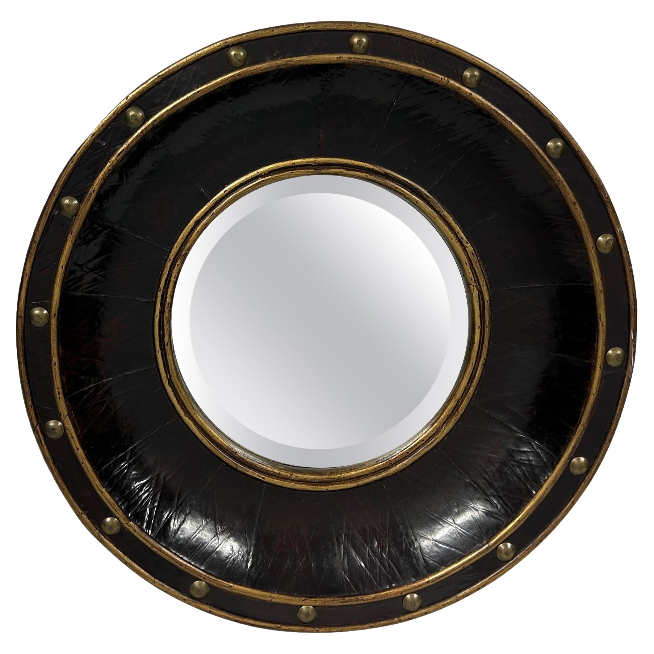 Vintage Faux Leather Round bullseye Mirror With Brass Studs For Sale
