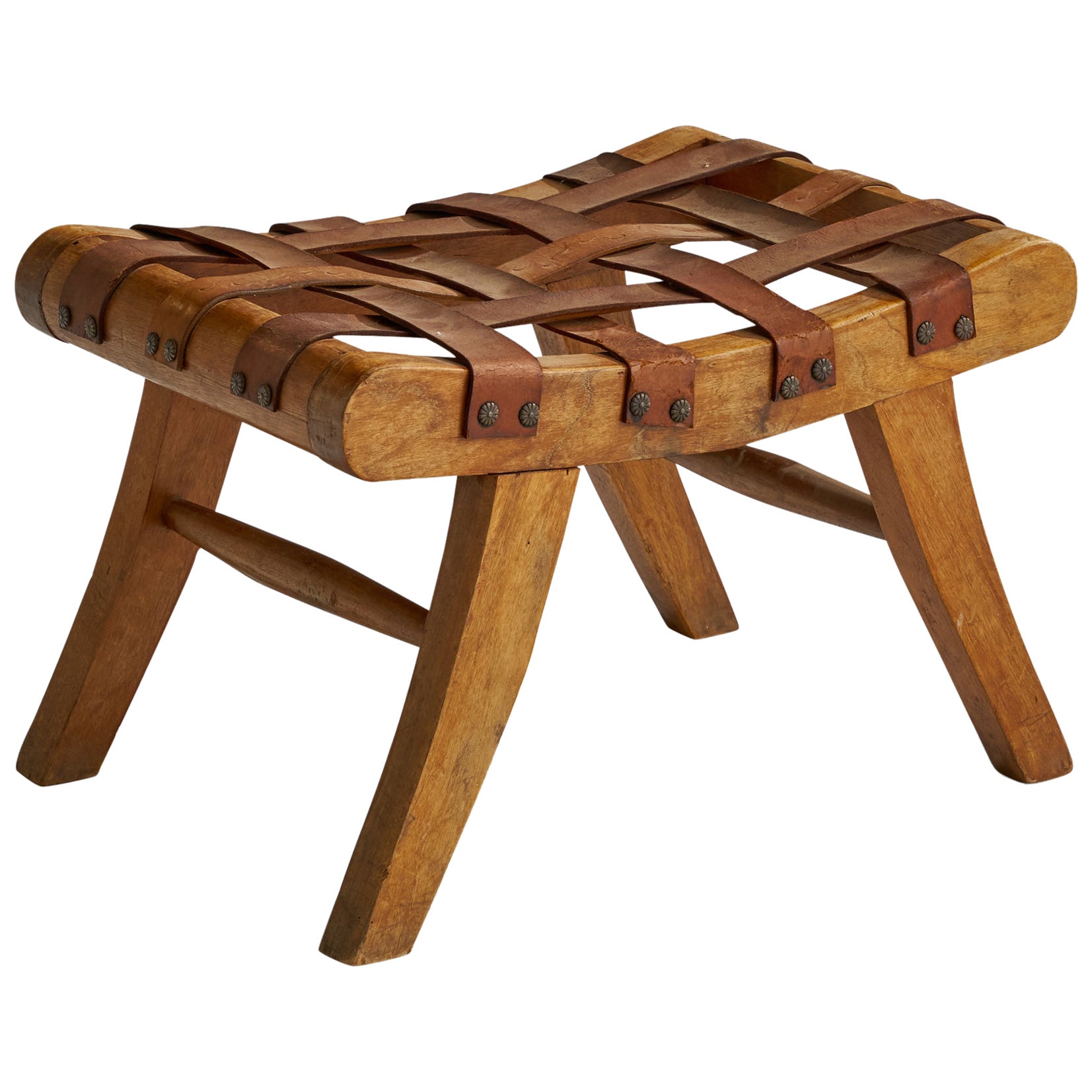 Mexican Designer, Stool, Oak, Leather, Brass, Mexico, 1950s For Sale