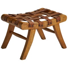 Sgabello di design messicano, Oak, pelle, ottone, Messico, anni '50