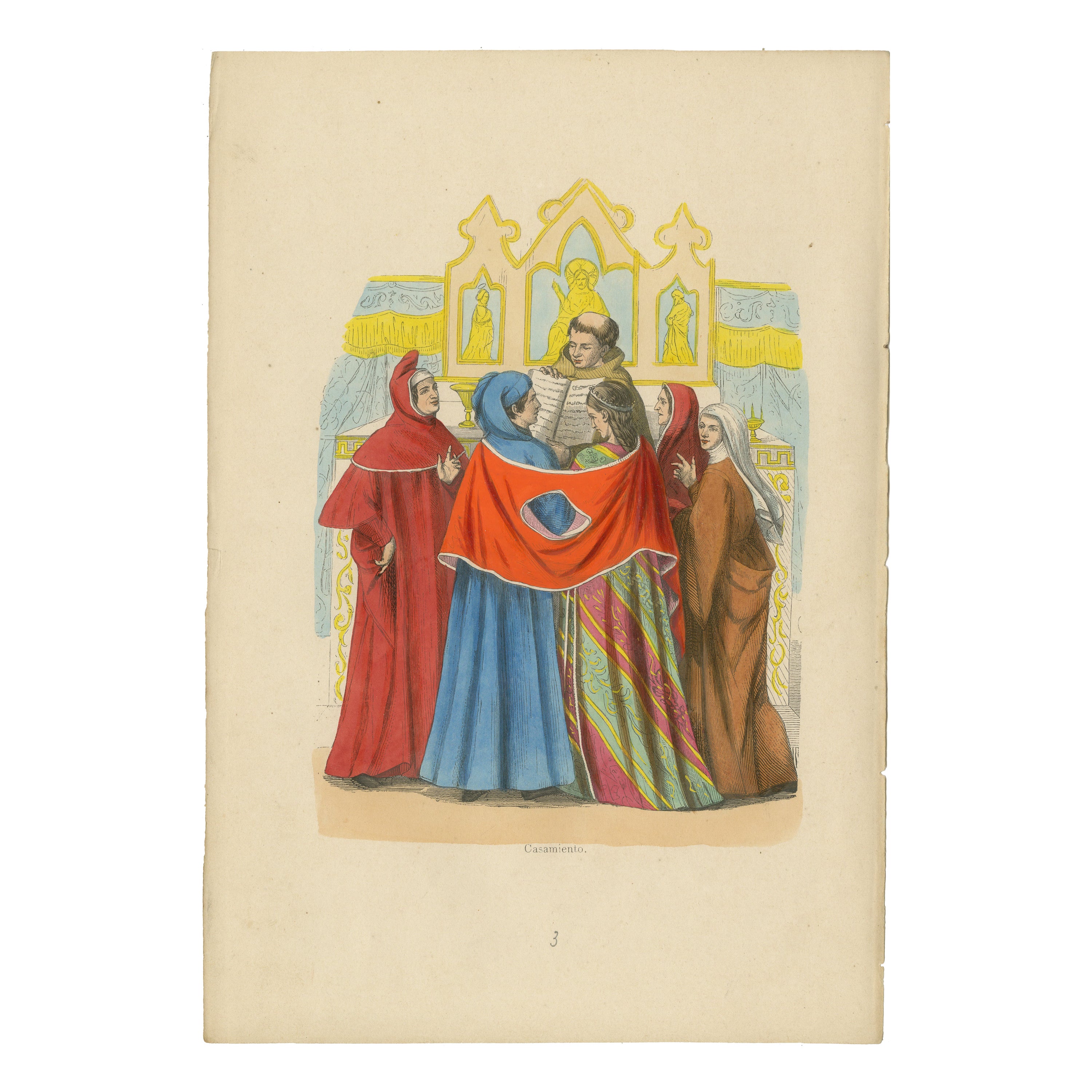 Matrimony médiévale : une union dans les halls gothiques, colorée à la main en 1847