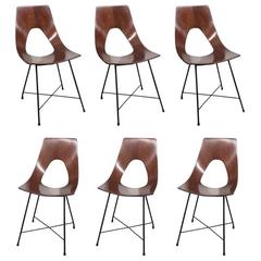 Set of Six Augusto Bozzi Black Metal Base and Teak Bentwood Top Chairs
