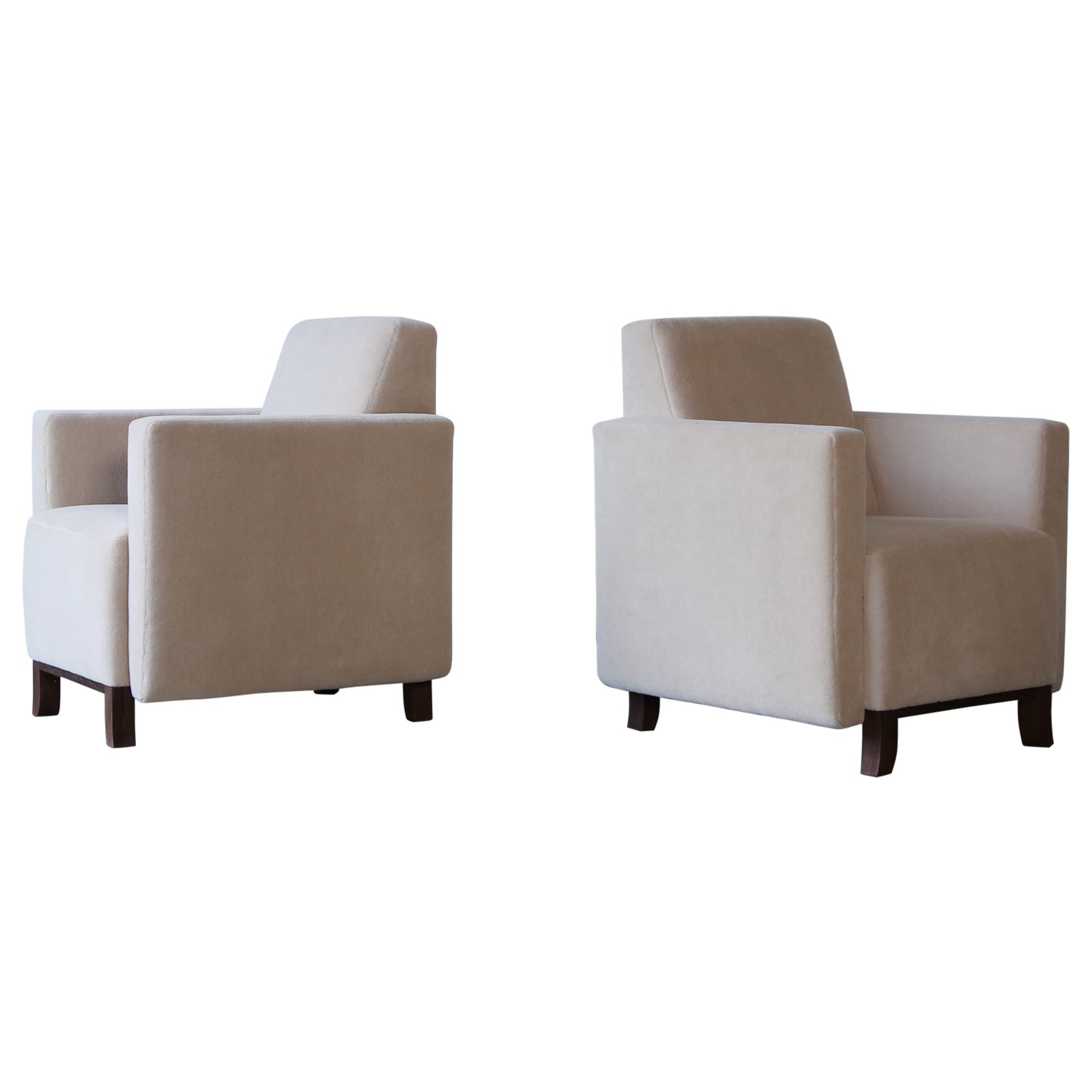 Pair of Square Armed Club / Lounge Chairs, Upholstered in Pure Alpaca For Sale