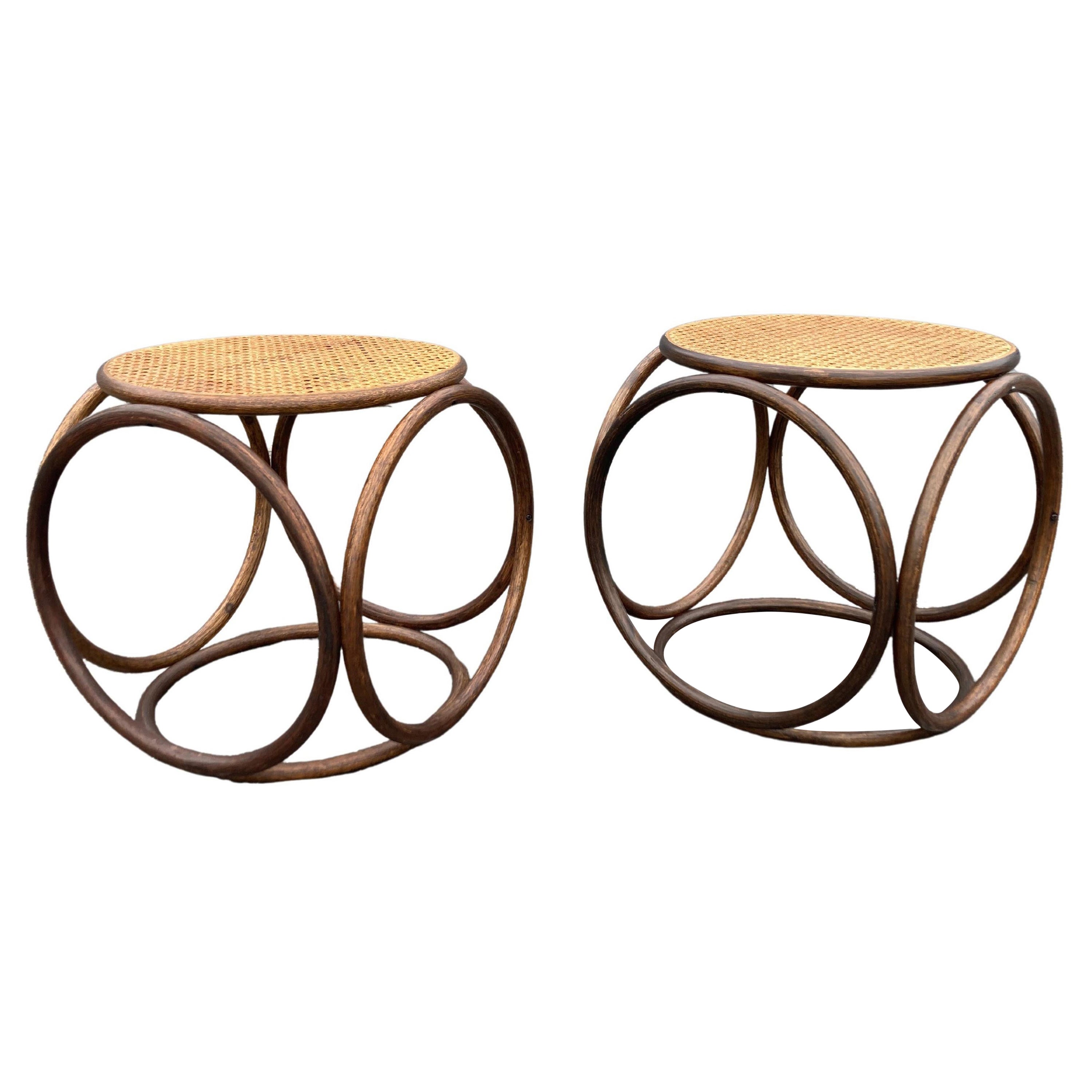 Pair of Stools, Ottomans, Side Tables, Cane and Bentwood Brown