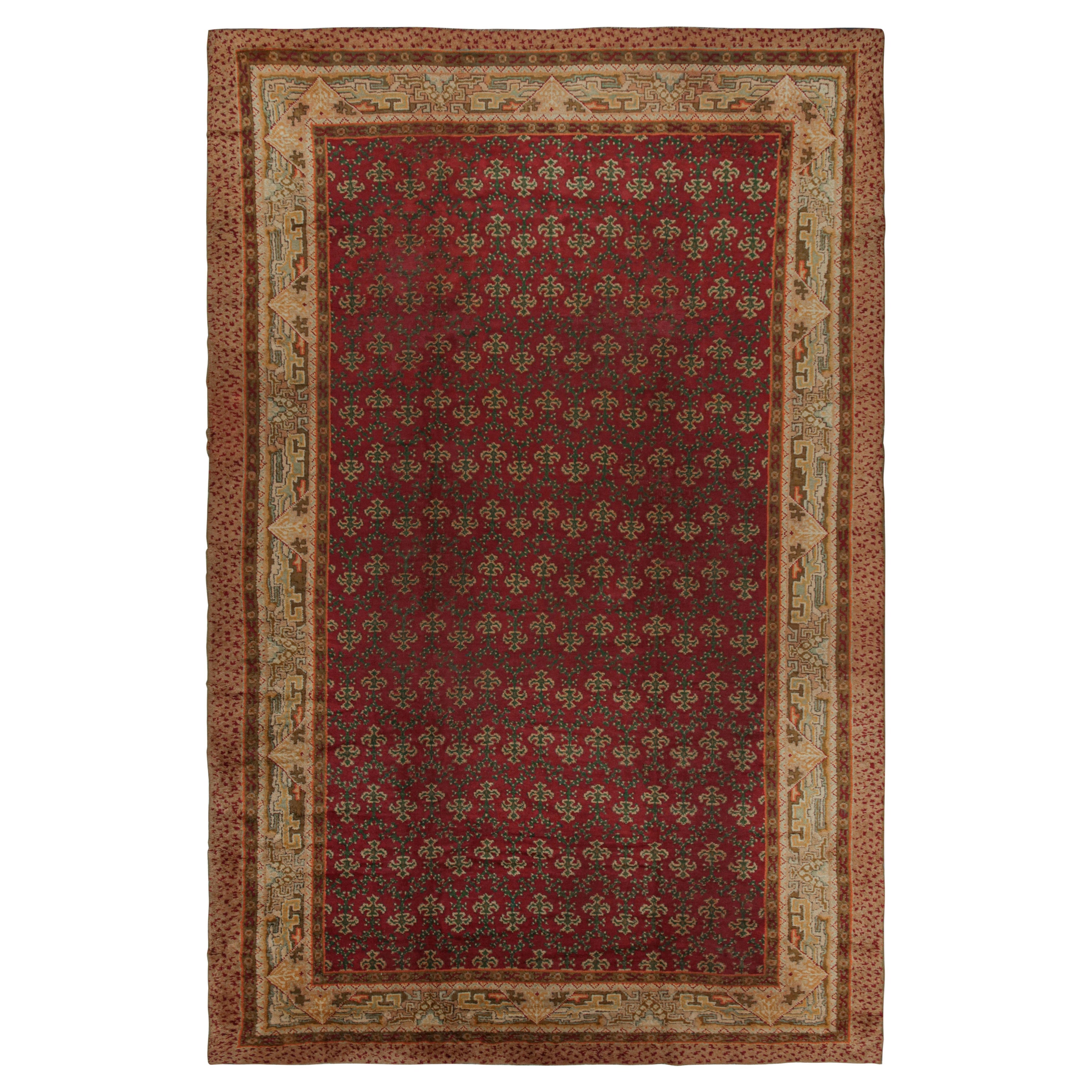 Oversized Antique Axminster Rug in Red with Green Patterns For Sale