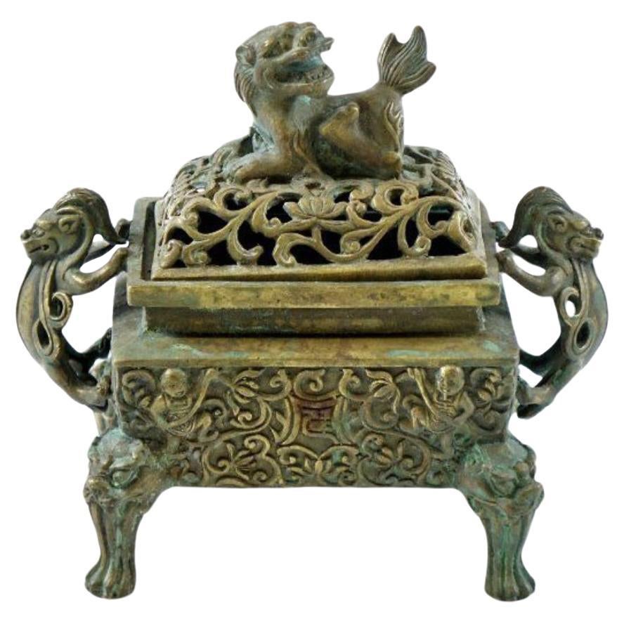 Antique Bronze Chinese Foo Lion Incense Burner - Marked Ming Dynasty For Sale