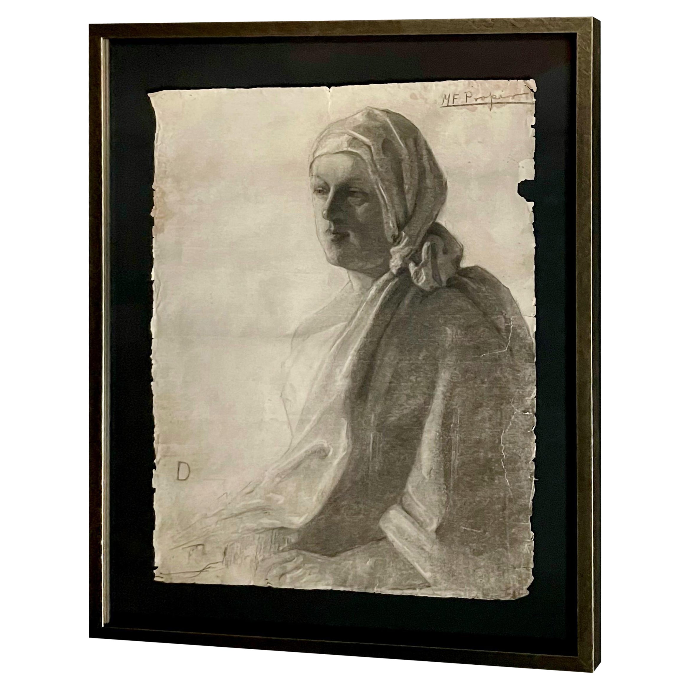 Antique Charcoal Framed Portrait Drawing For Sale