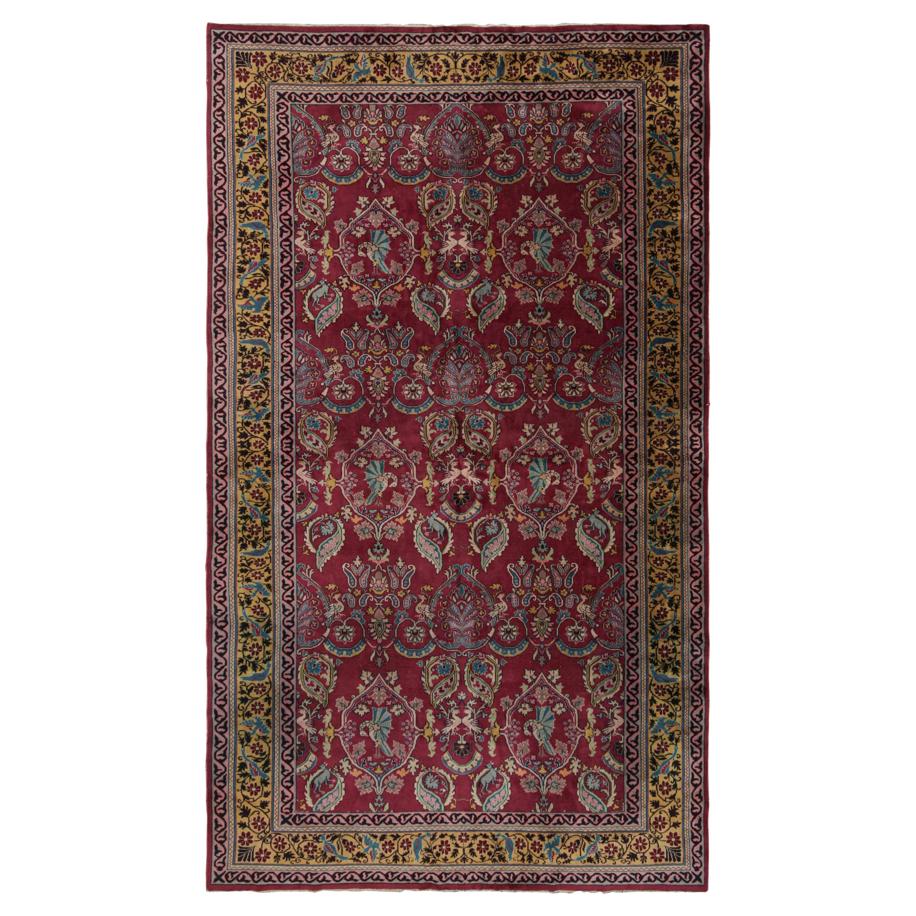 Antique Indian Rug in Burgundy and Gold with Floral Patterns
