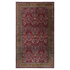 Tapis indien ancien en bourgogne et or avec motifs floraux