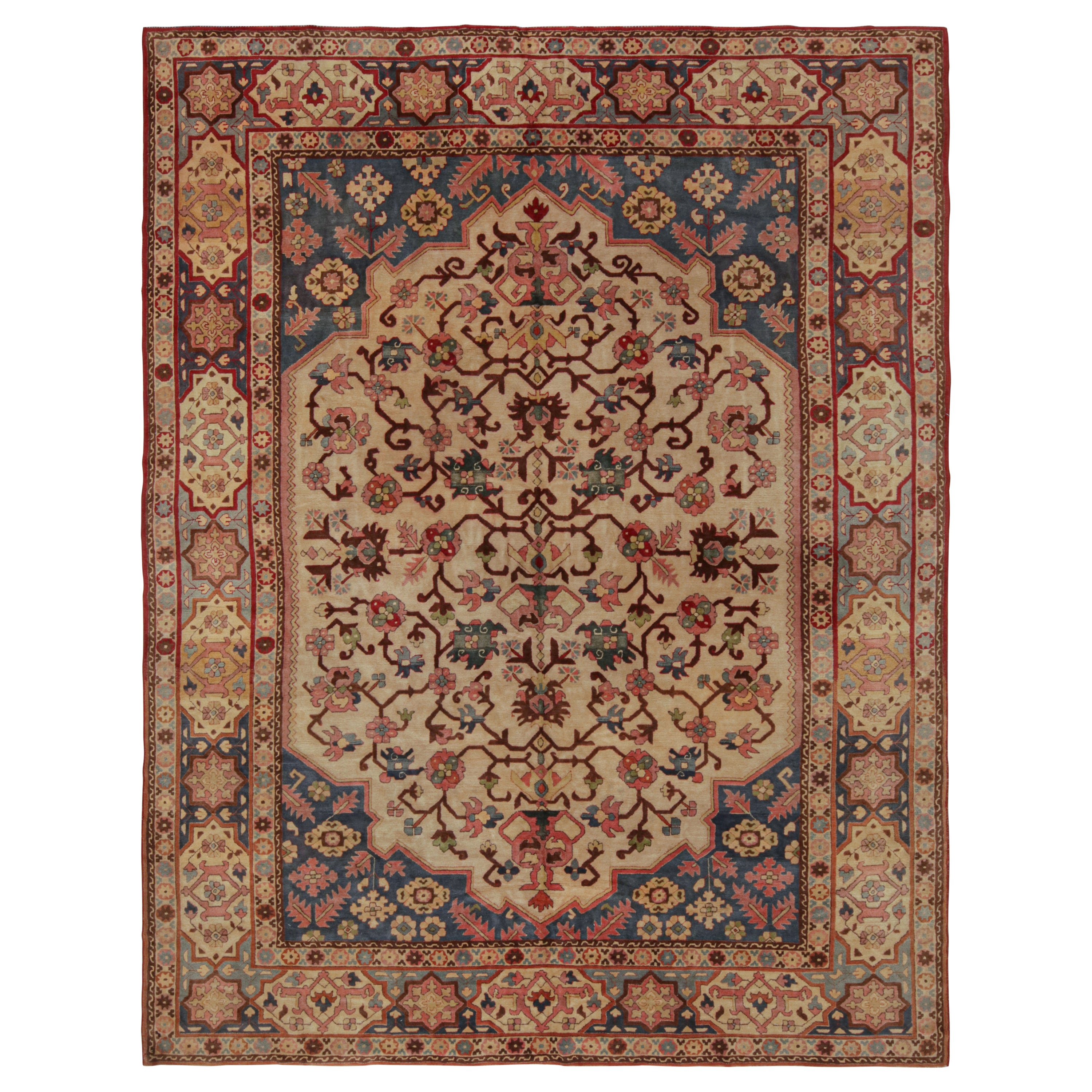 Antique Hooked Rug in Beige with Floral Patterns, from Rug & Kilim For Sale