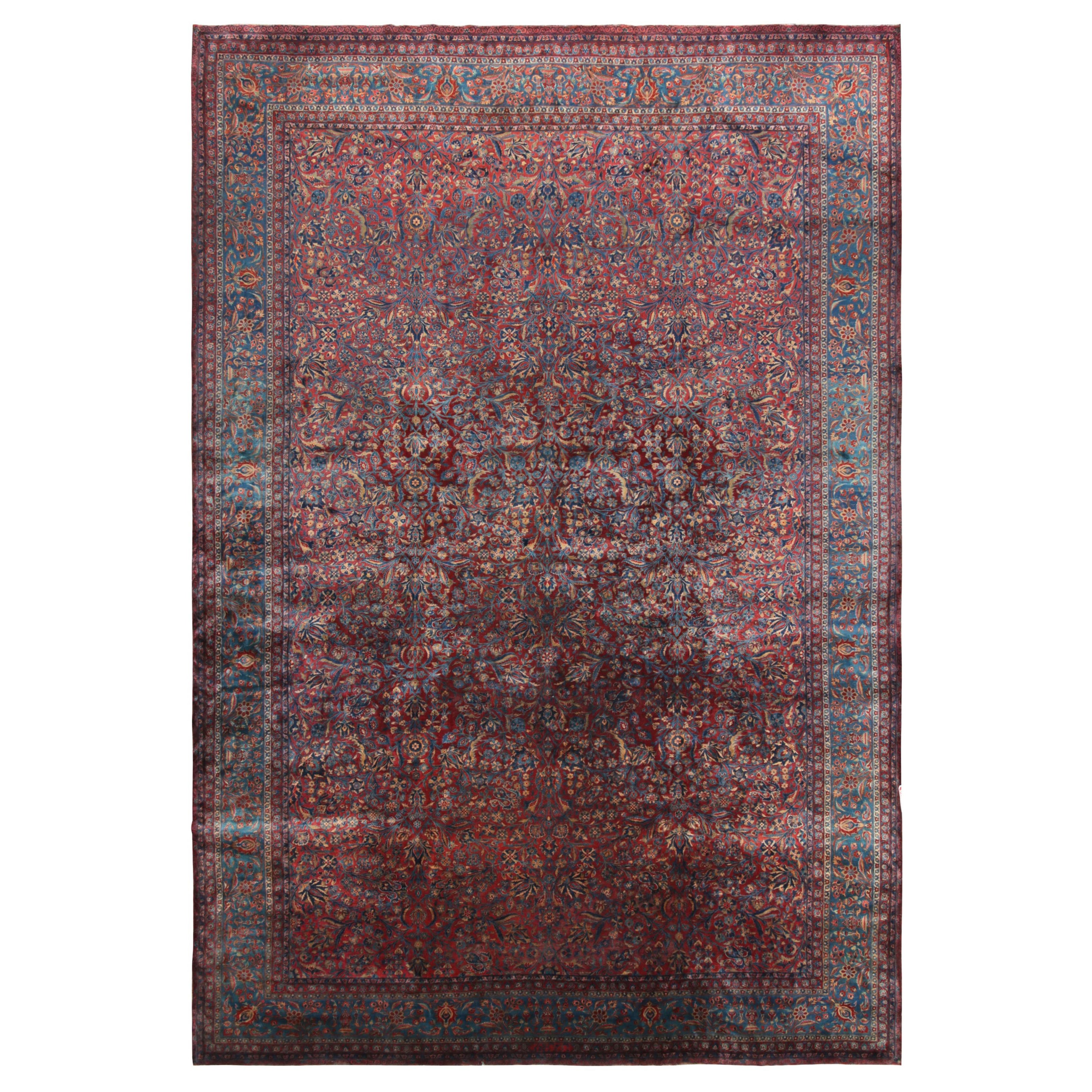 Antique Persian Kashan Rug with Red-Blue Floral Patterns by Rug & Kilim For Sale