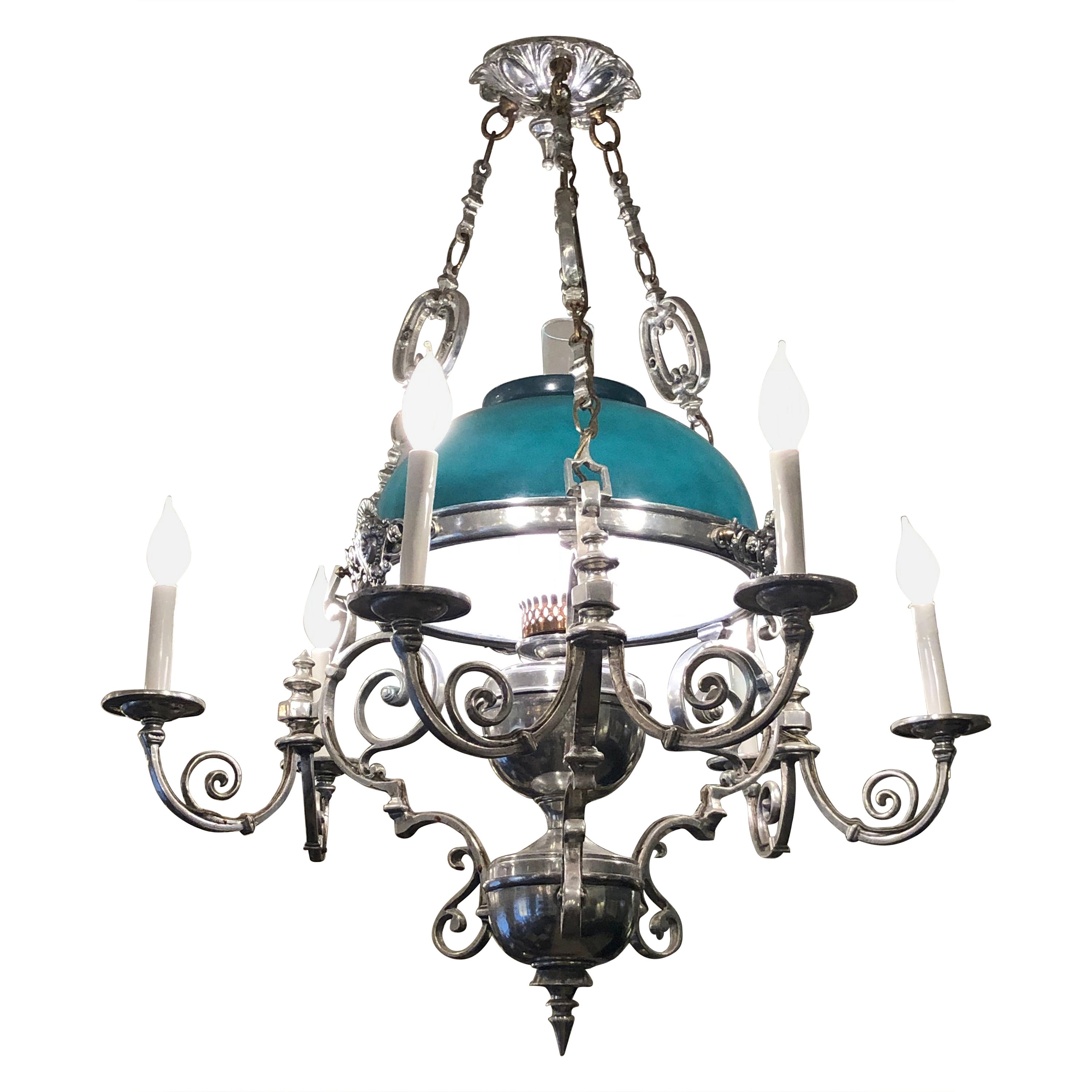 Antique Pewter and Green Dome Converted Gas Lamp Chandelier