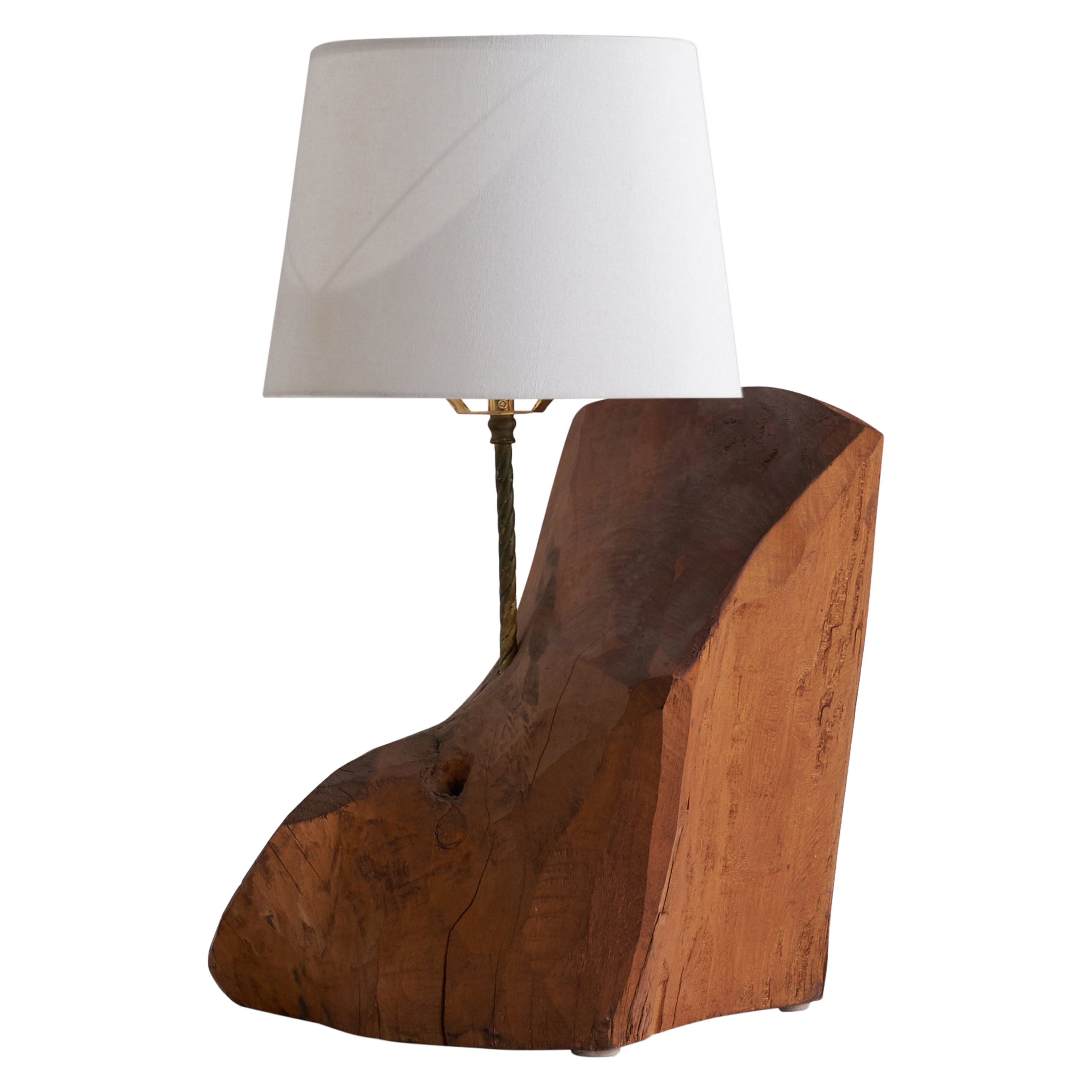 American Designer, Large Freeform Table Lamp, Wood, Brass, USA, 1950s For Sale
