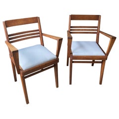 Mid Century Pair of Wood Chairs with Upholstered Seats