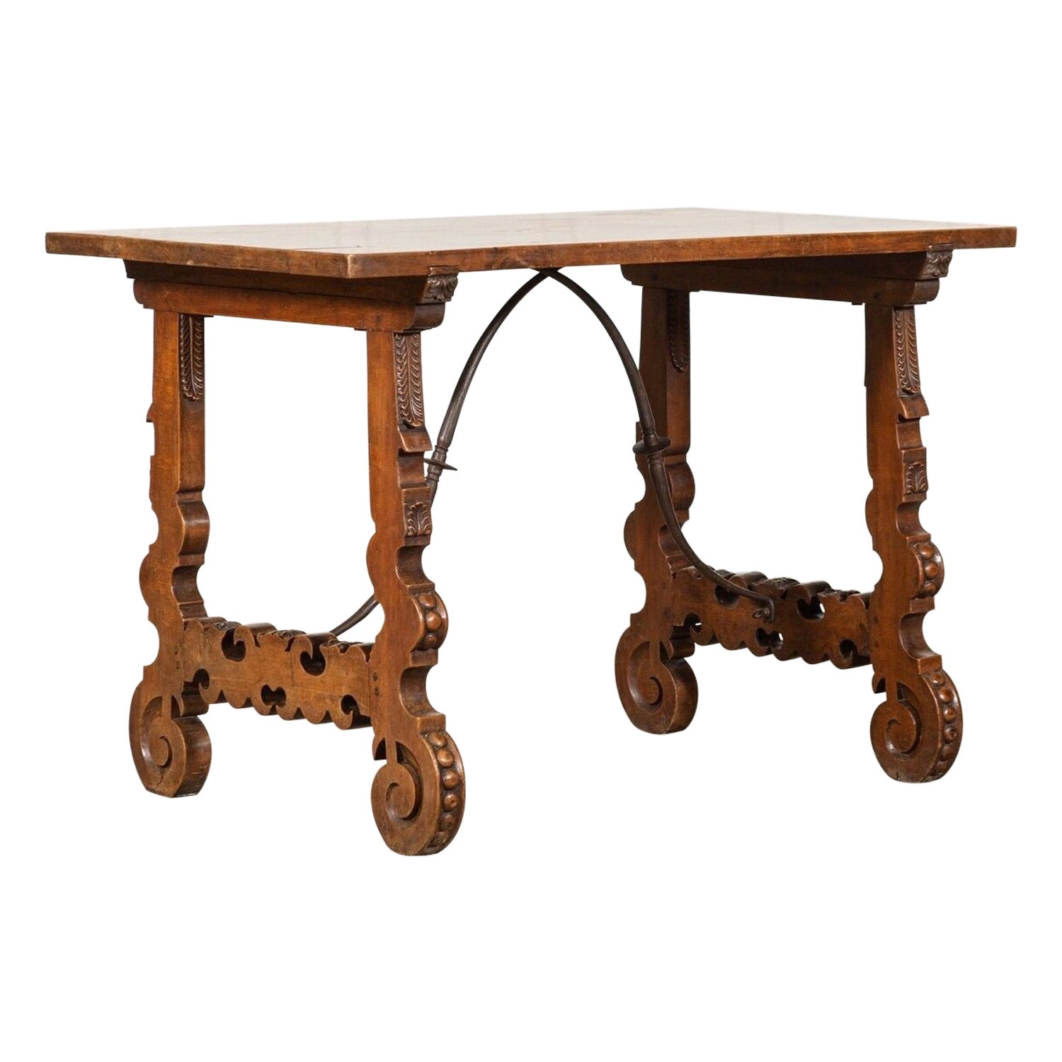 Table à tréteaux espagnole du 19e siècle en bois fruitier incrusté