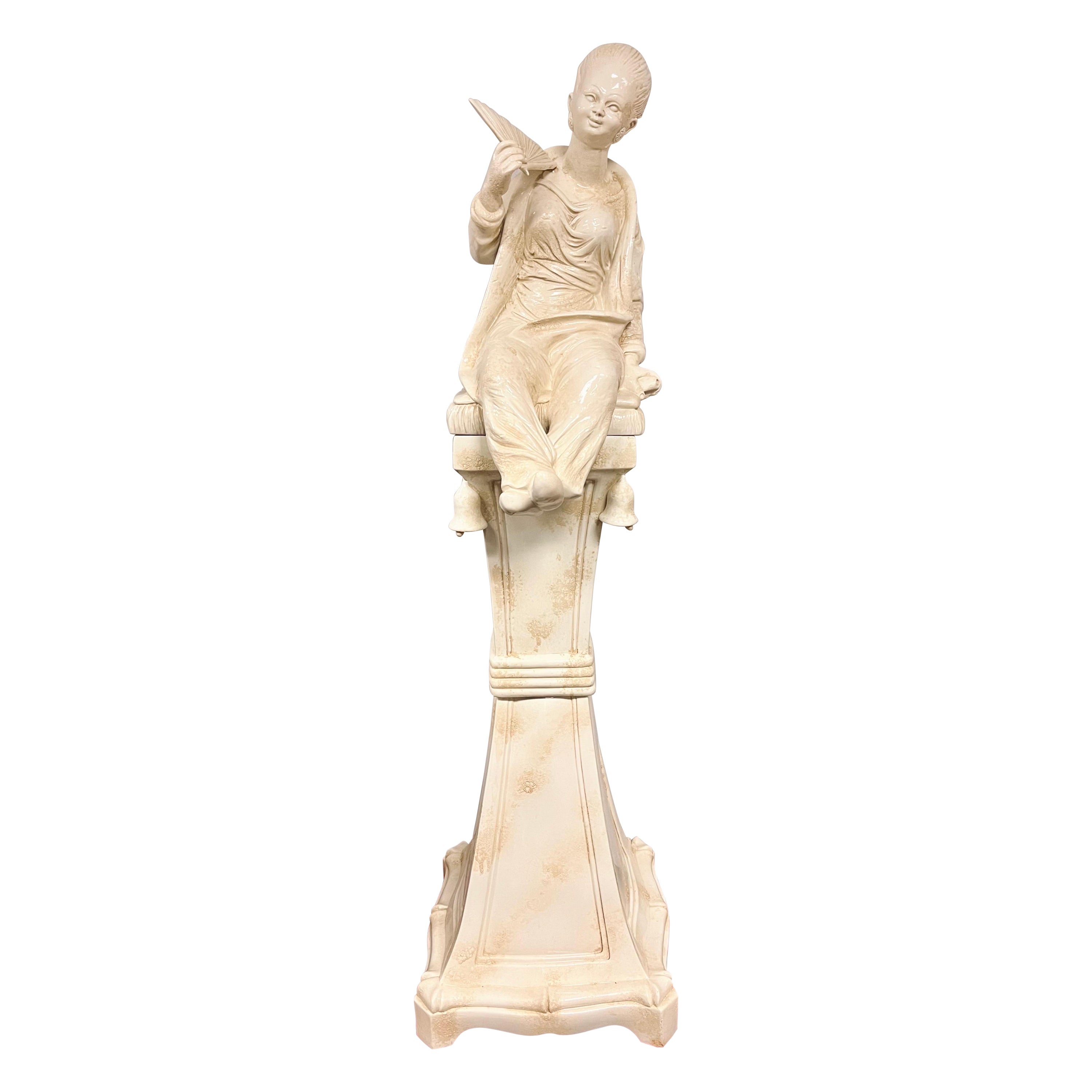 Chelsea House Made in Italy Porcelain Chinoiserie Sculpture Statue of Woman  For Sale