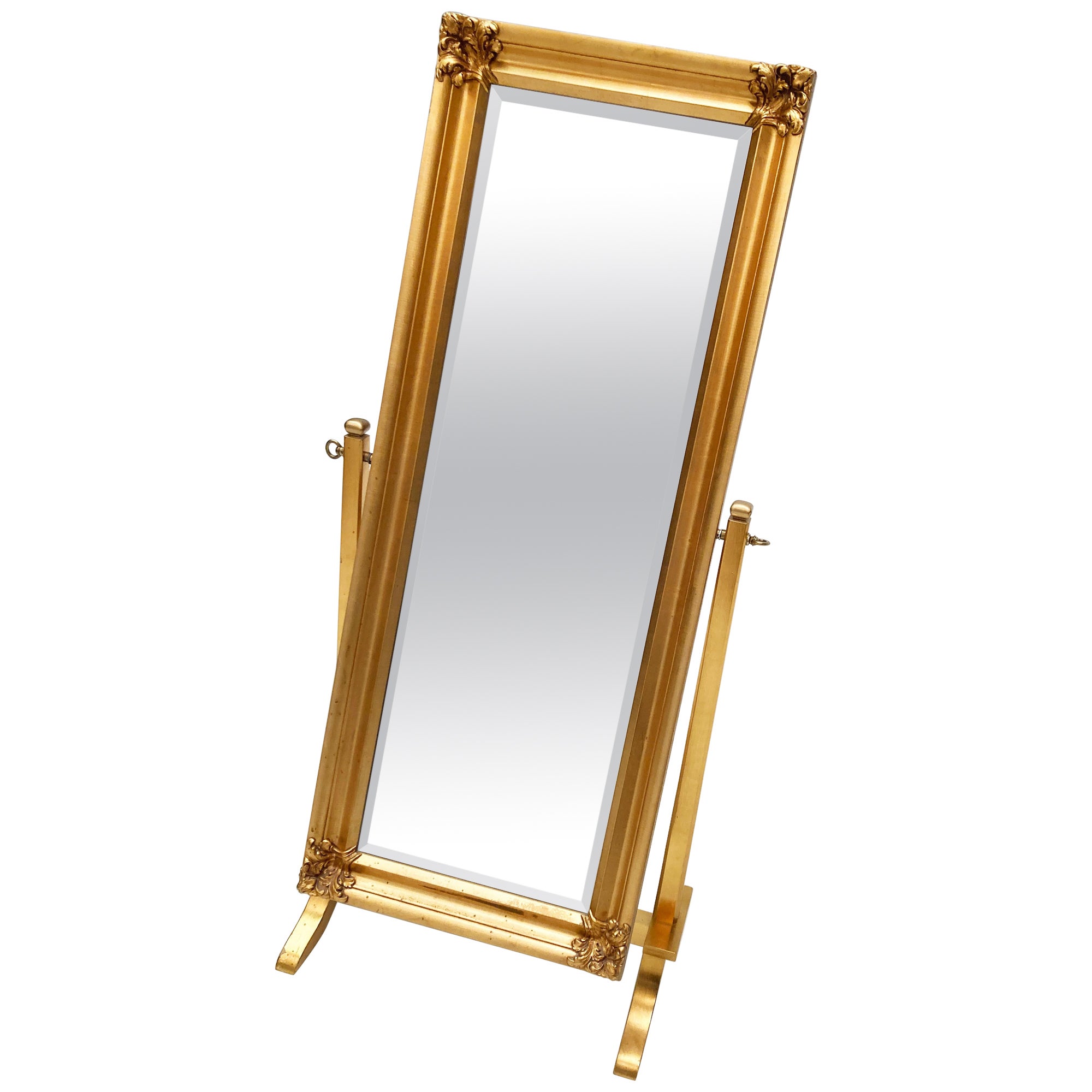 French/Hollywood Regency Gilt Wood Cheval Floor Mirror For Sale