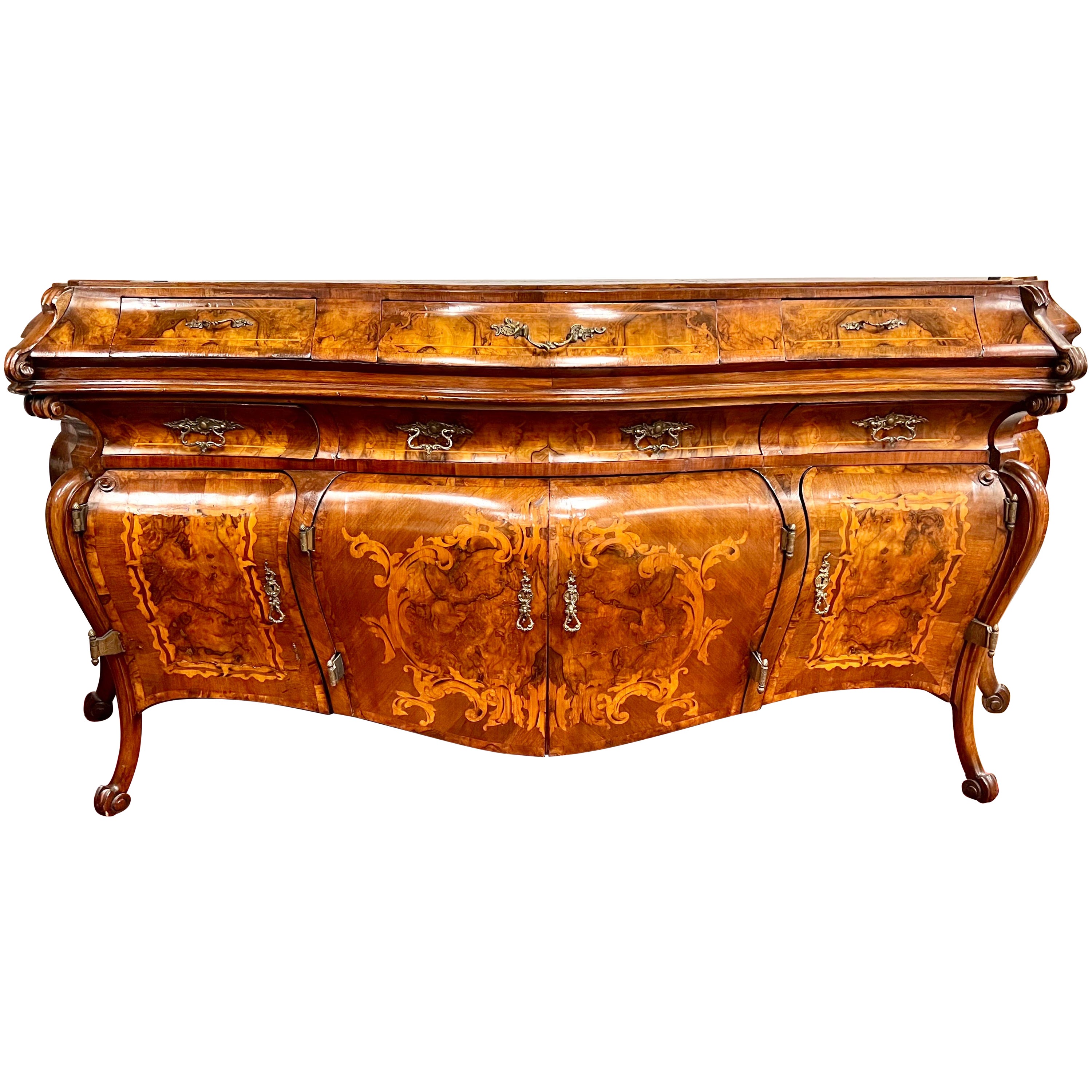 Antique 19th Century Burr Walnut Marquetry French Bombe 8FT Sideboard Buffet For Sale