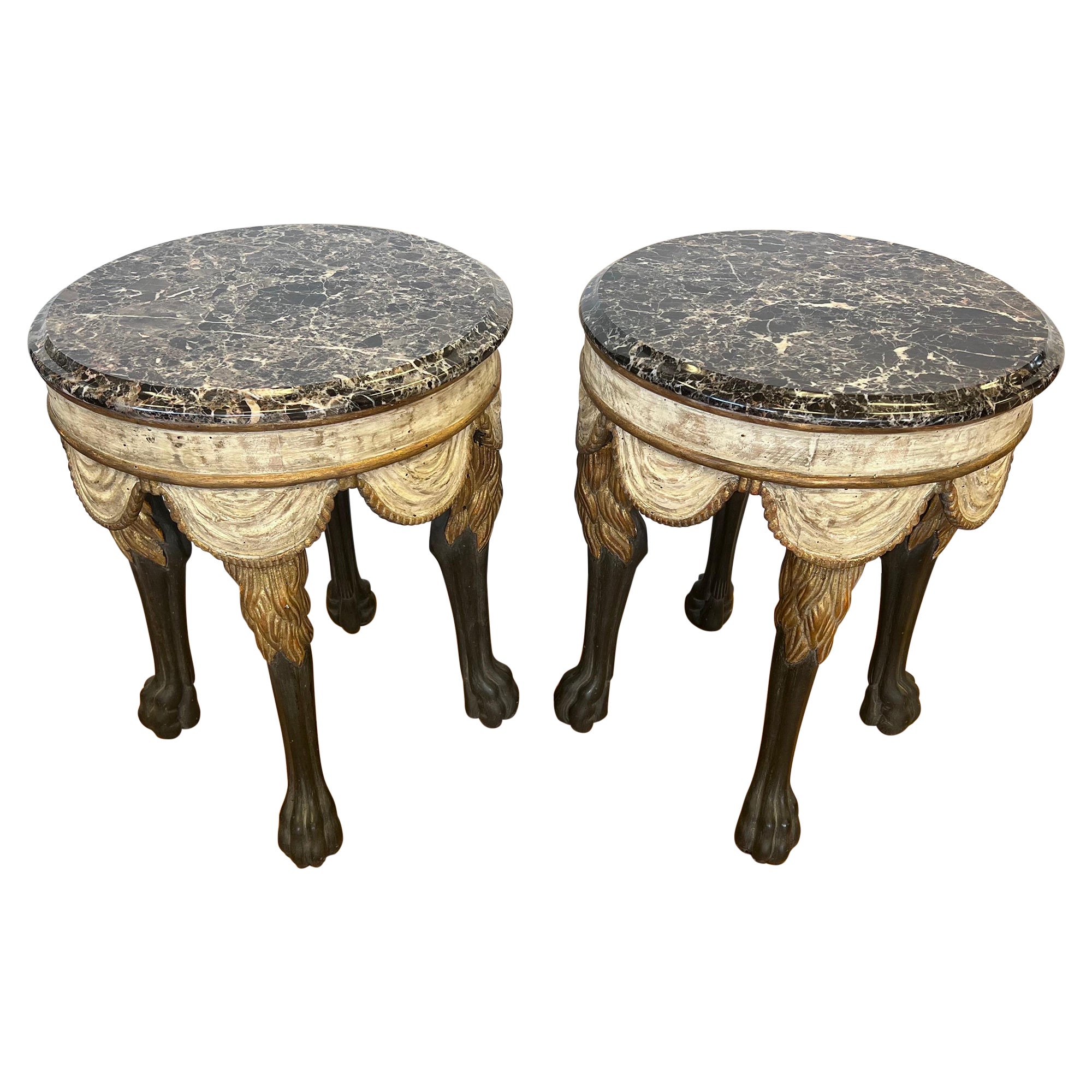Neapolitan Style Round Marble Top Painted and Gilt End Side Table, a Pair For Sale