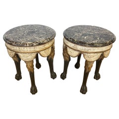 Vintage Neapolitan Style Round Marble Top Painted and Gilt End Side Table, a Pair