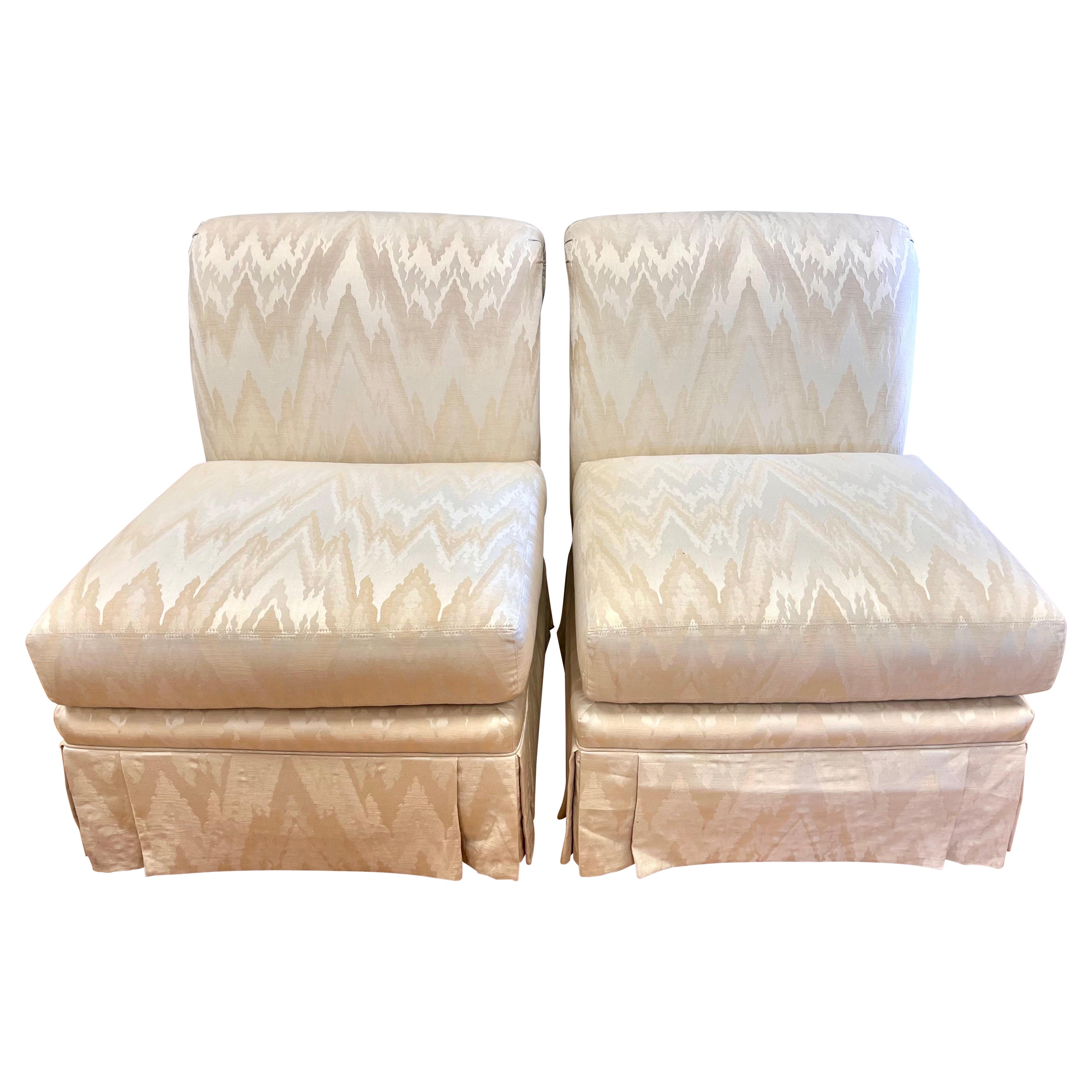 Henredon Pair of Mid Century Upholstered Silk Chevron Slipper Chairs