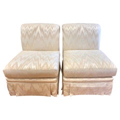 Vintage Henredon Pair of Mid Century Upholstered Silk Chevron Slipper Chairs