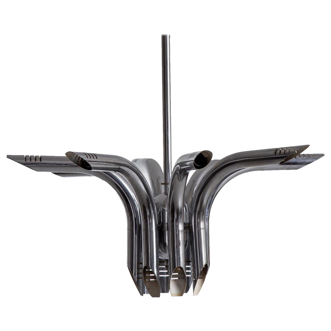 Vintage Chromed Steel Pipes Pendant Chandelier, Contemporary Industrial Style For Sale