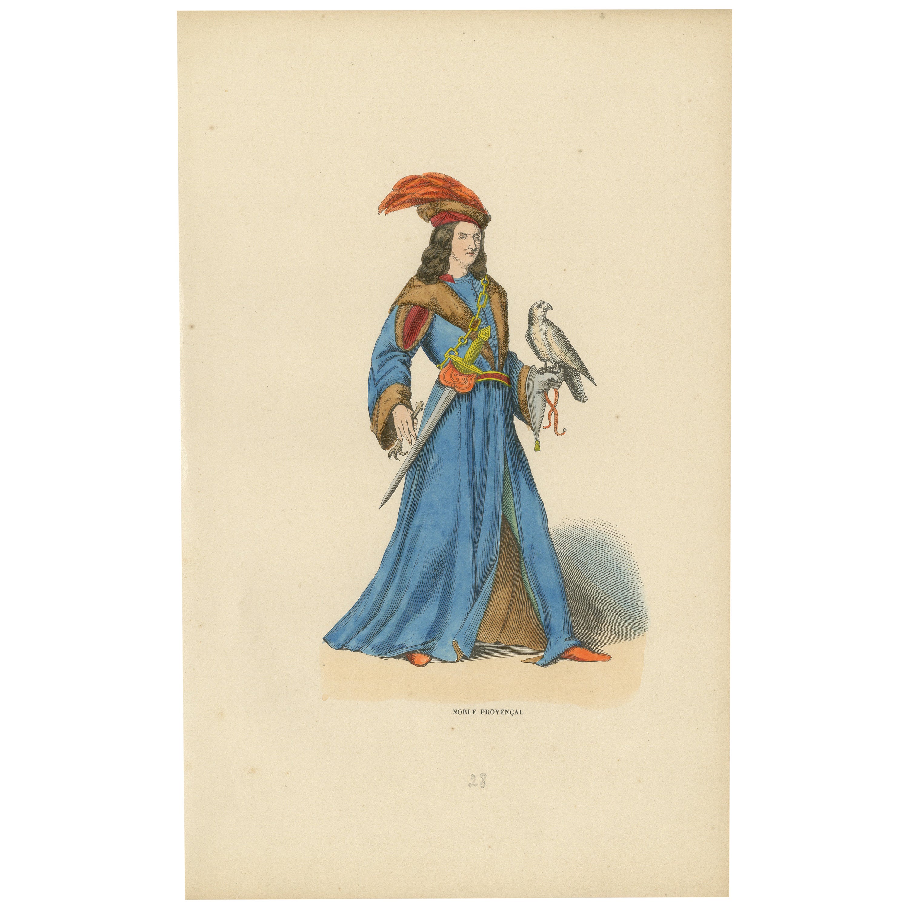 Original Hand-colored Lithograph of The Falconer: A Noble of Provence, 1845 For Sale