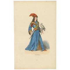 Antique Original Hand-colored Lithograph of The Falconer: A Noble of Provence, 1845