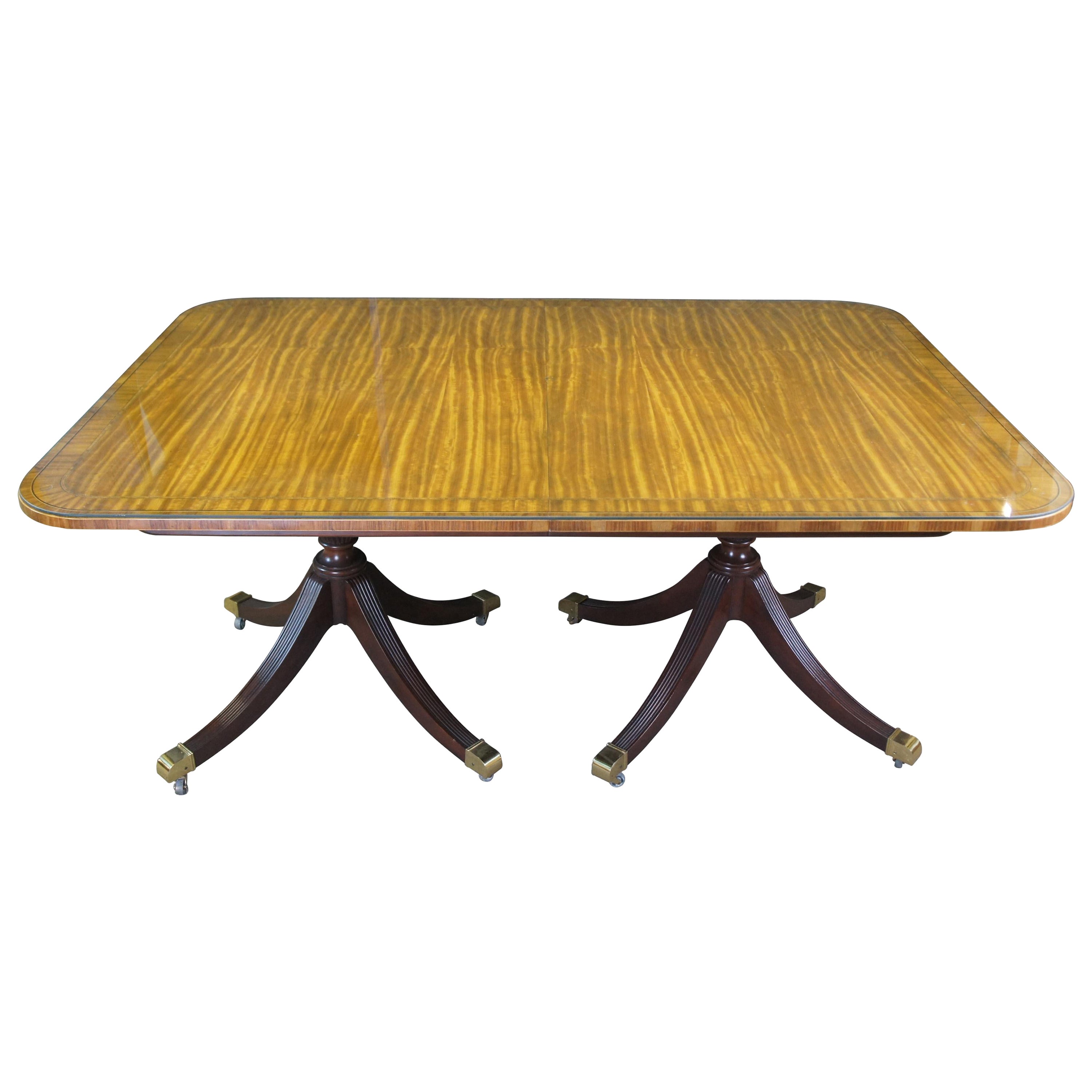 Baker Furniture Satinwood & Mahogany Duncan Phyfe Glass Top Dining Table 122" For Sale