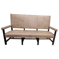 Leather, lacquered wood and brass entryway sofa