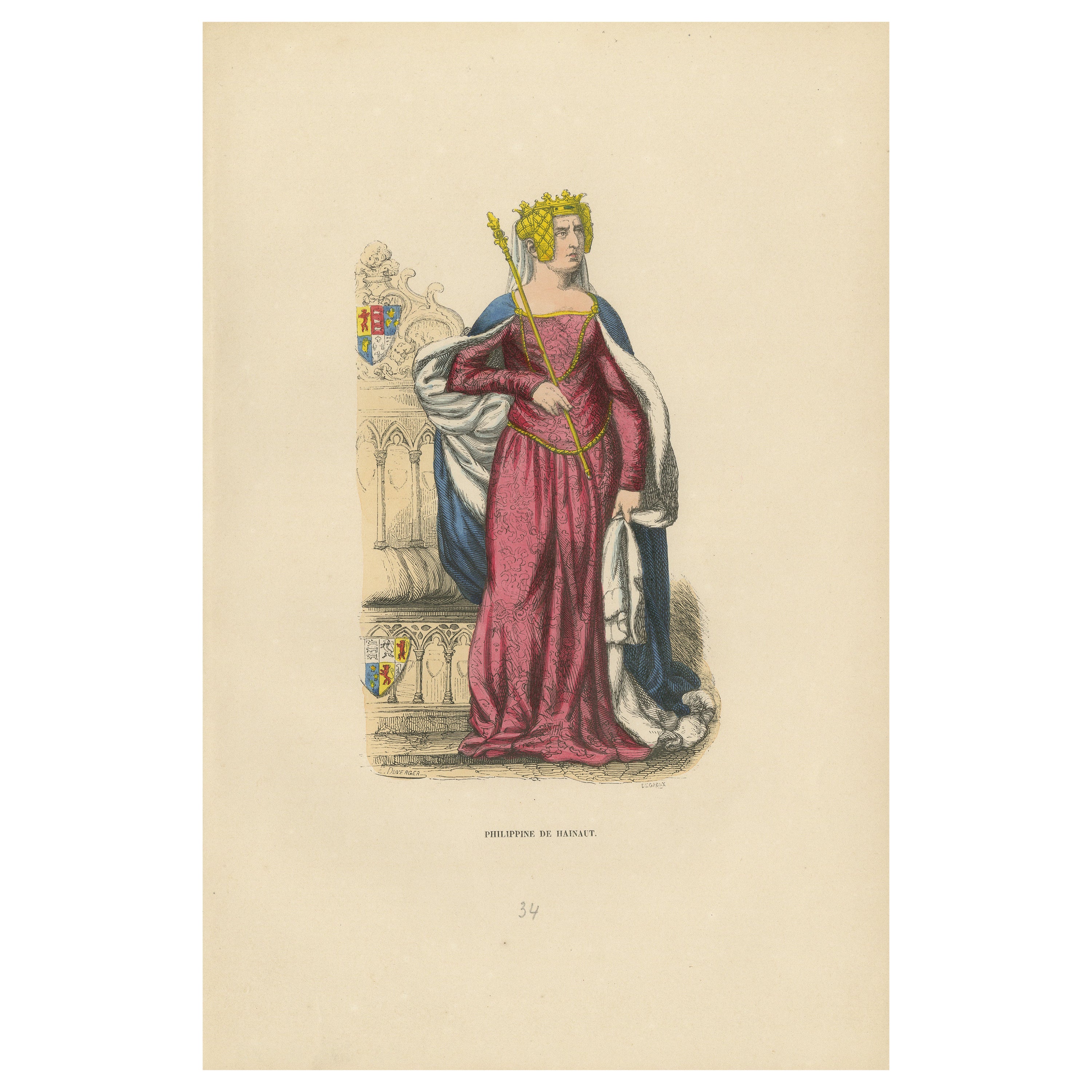 Queen Philippa of Hainaut in Ceremonial Attire, Costume Di Moyen Age, 1847 For Sale