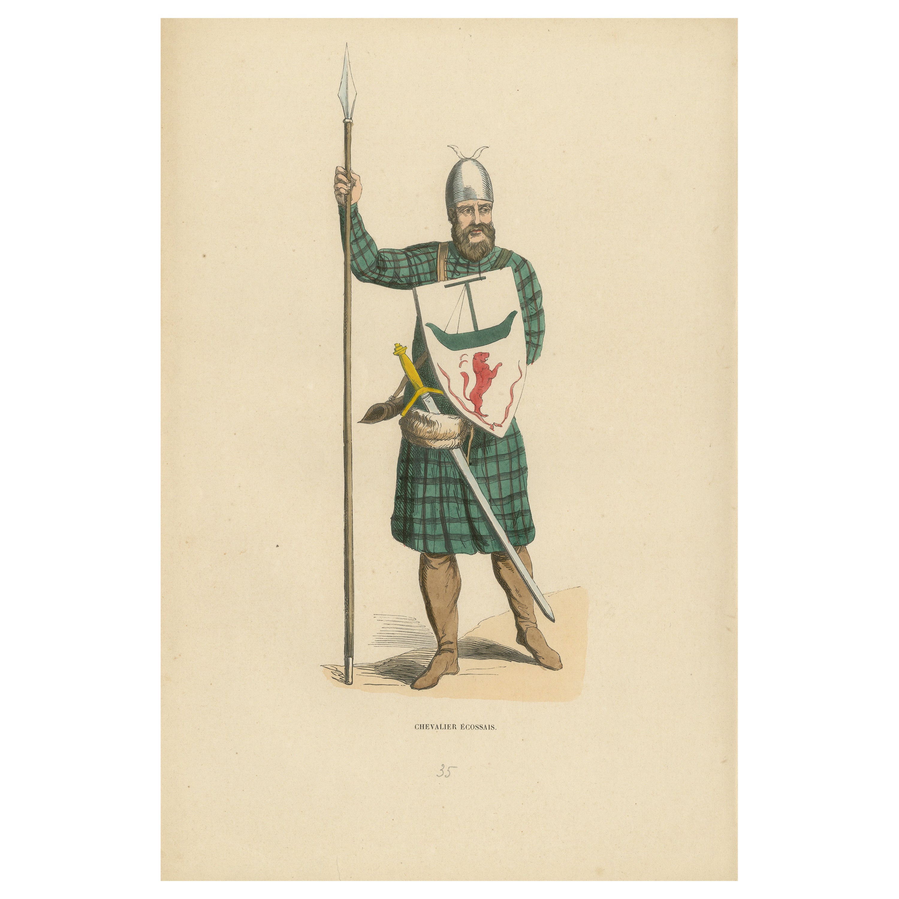 Costume de chevalier écossais en tartan avec bouclier héraldique, âge moyen 1847 en vente