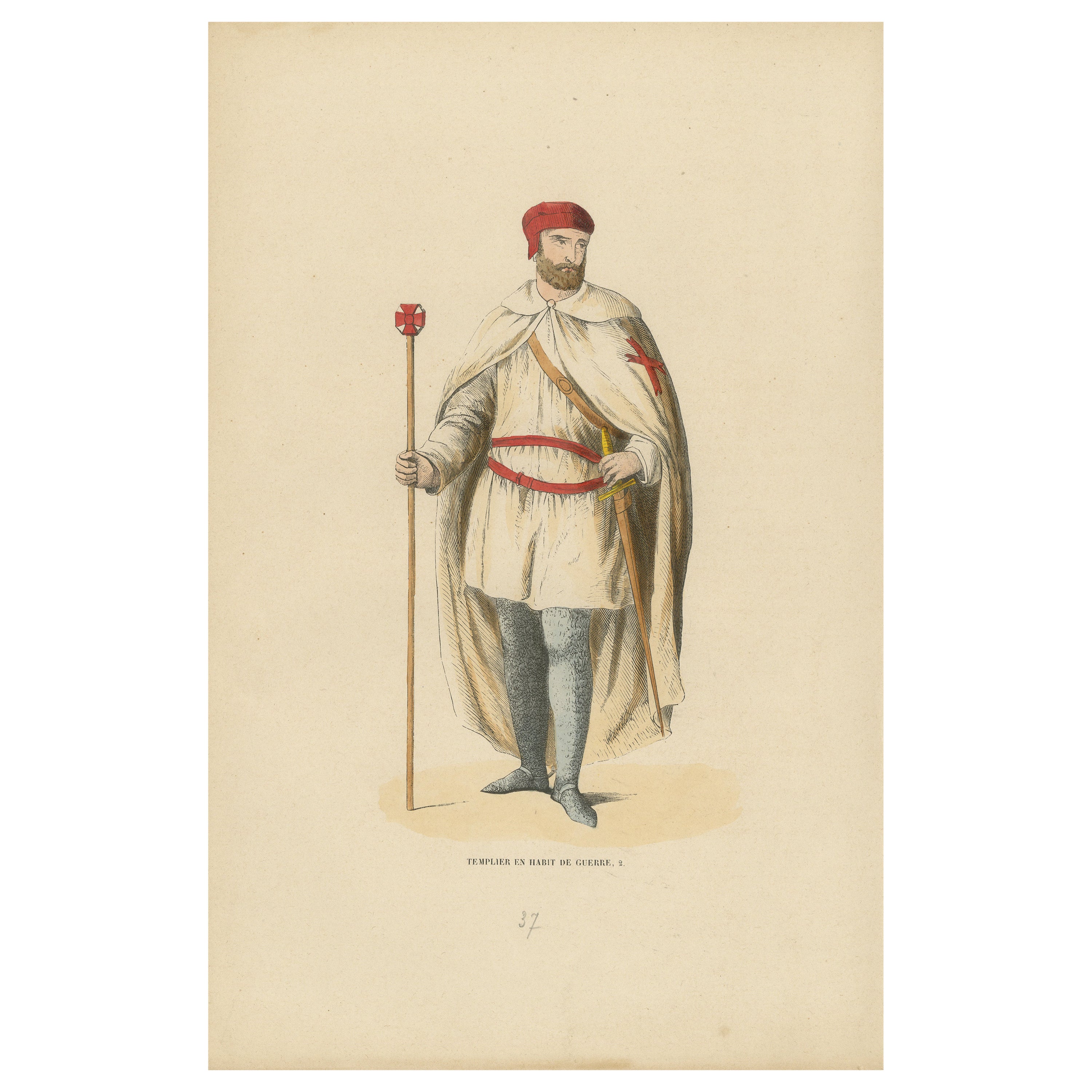 Templar in War Attire with Staff, Costume Di Moyen Age, 1847 For Sale