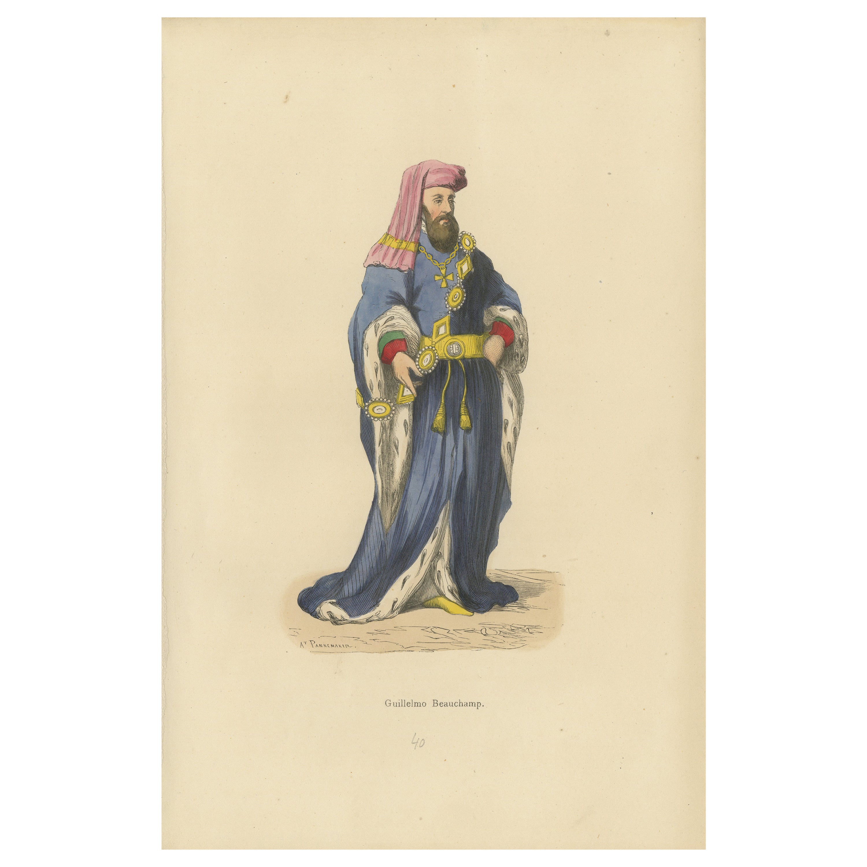 William de Beauchamp in Noble Attire in An Original Handcolored Lithograph, 1847 For Sale
