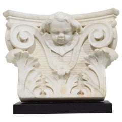 Antique French, 18th Century, Carved White Marble Capital With Angel Head