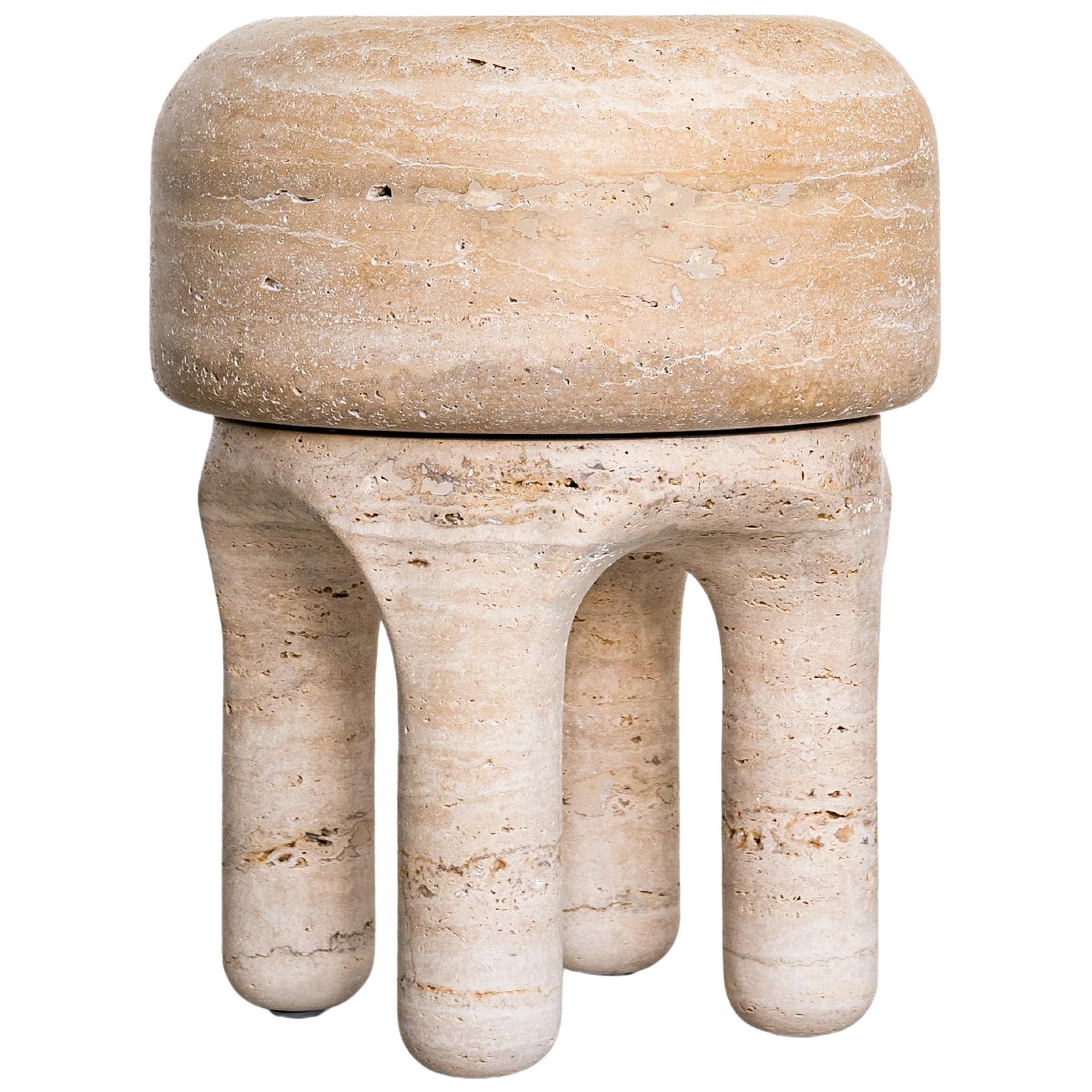 Organic Modern Stool Table Sculpture in Travertine - Urban Wabi Style For Sale