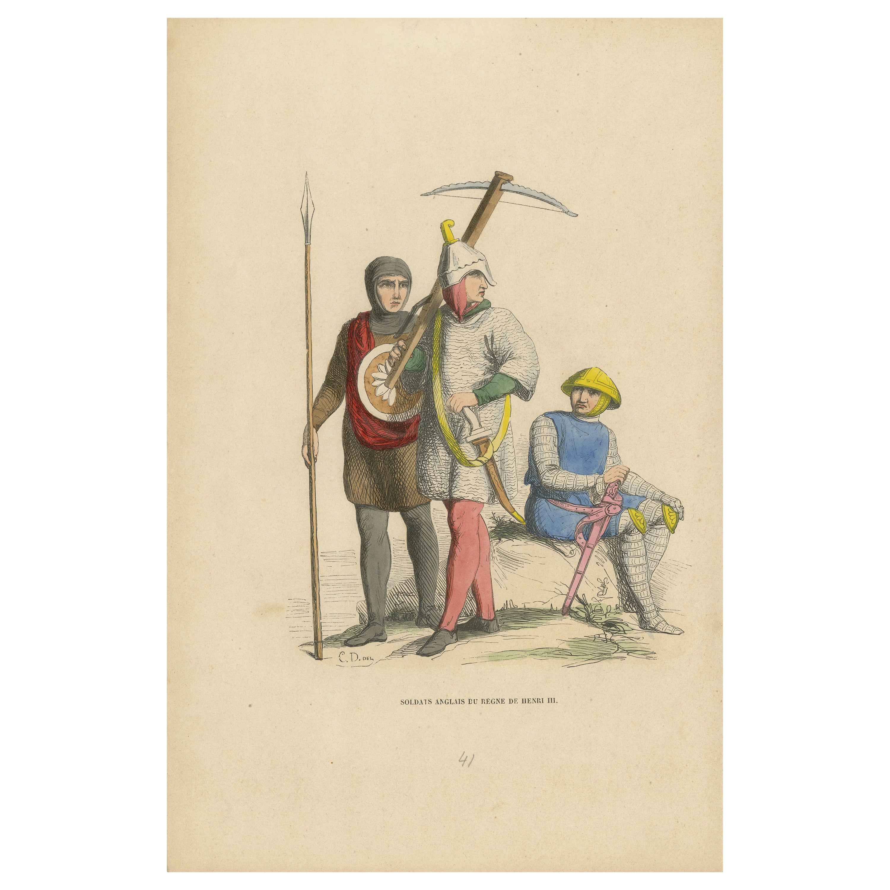 English Soldiers During the Reign of Henry III, Original Liithograph, 1847