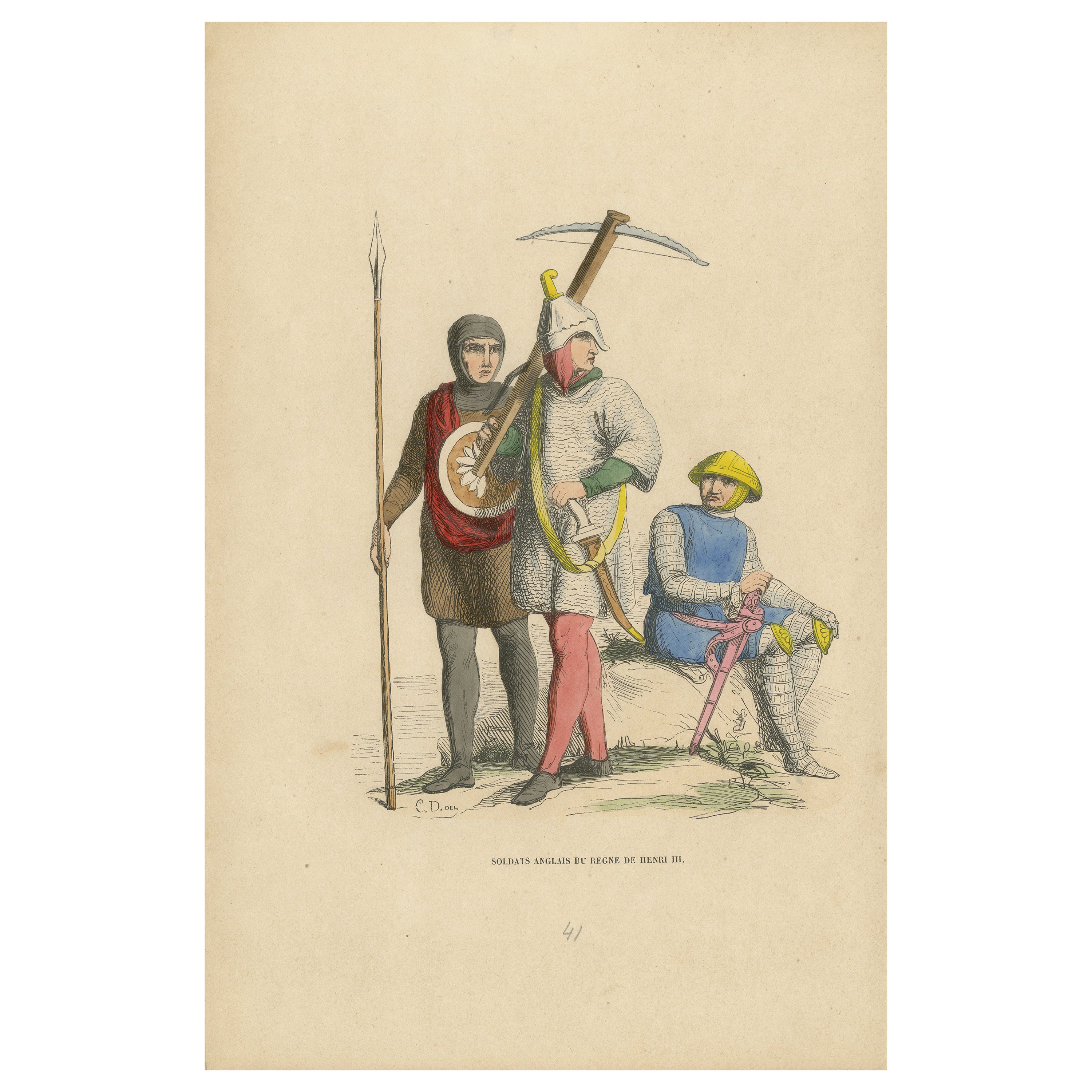 Soldati inglesi durante il regno di Enrico III, litografia originale, 1847 in vendita
