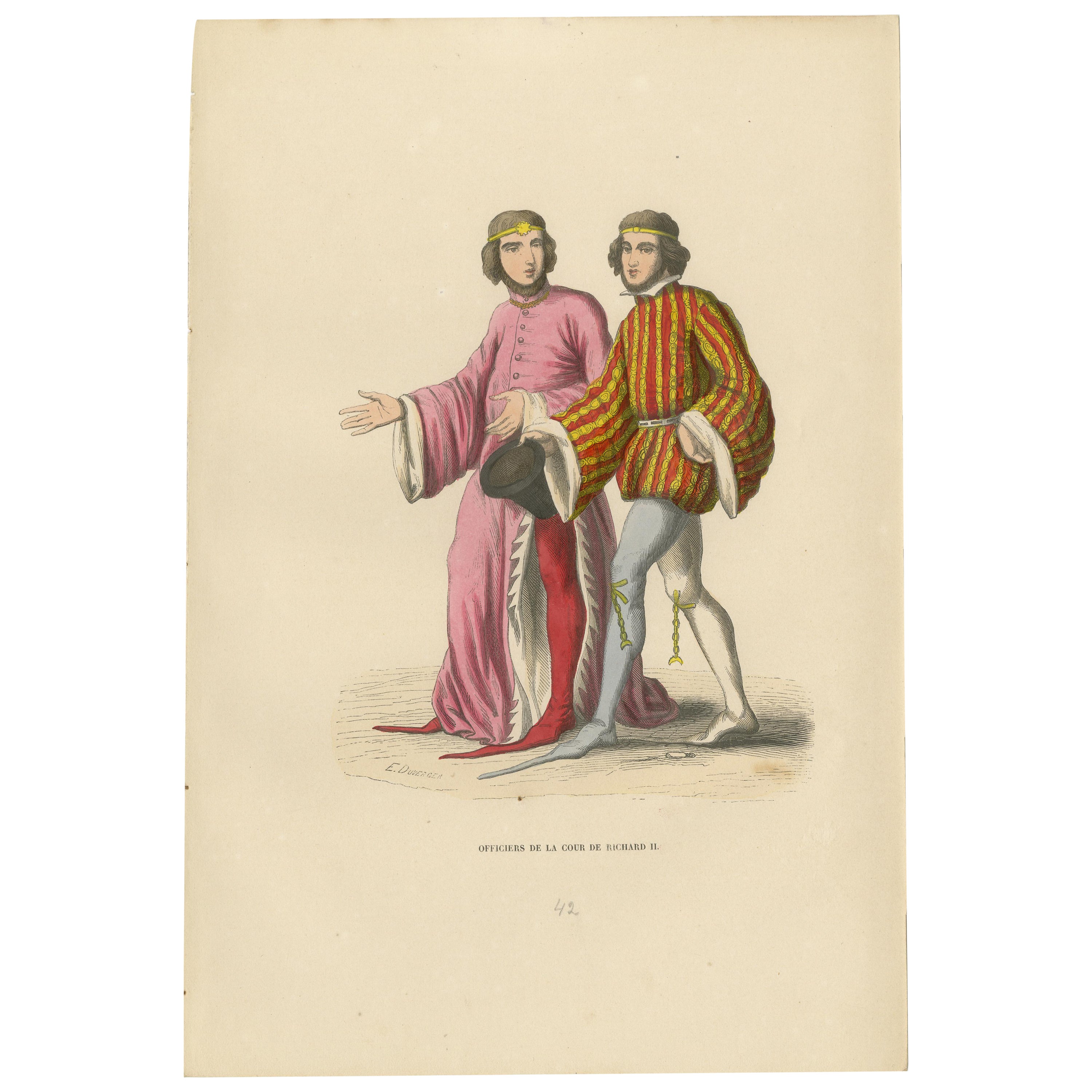 Officers de cour du règne de Richard II dans une lithographie colorée à la main, 1847