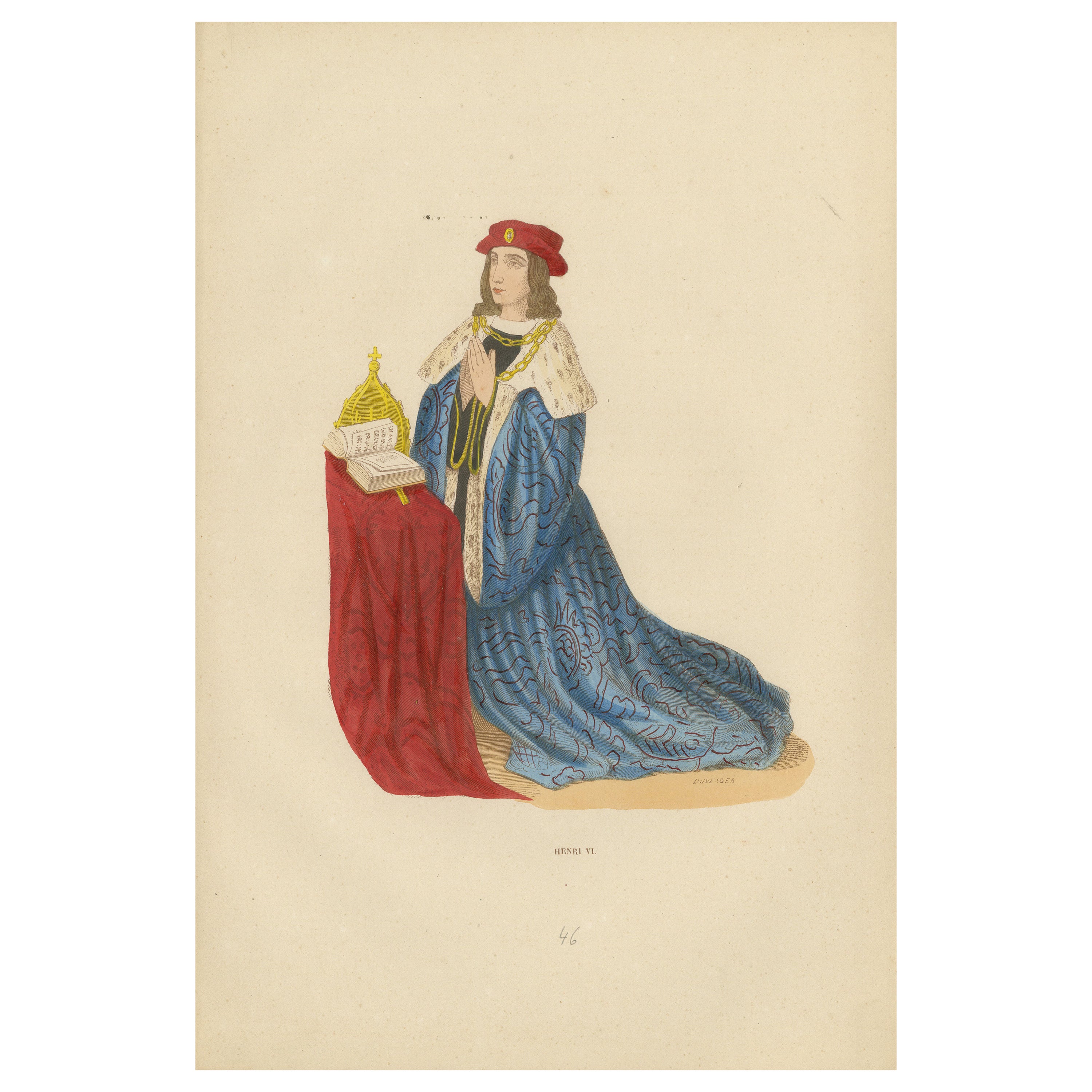 King Henry VI in Prayer, Original Hand-Colored Lithograph, 1847 For Sale
