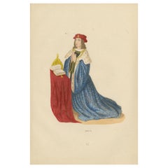 Antique King Henry VI in Prayer, Original Hand-Colored Lithograph, 1847